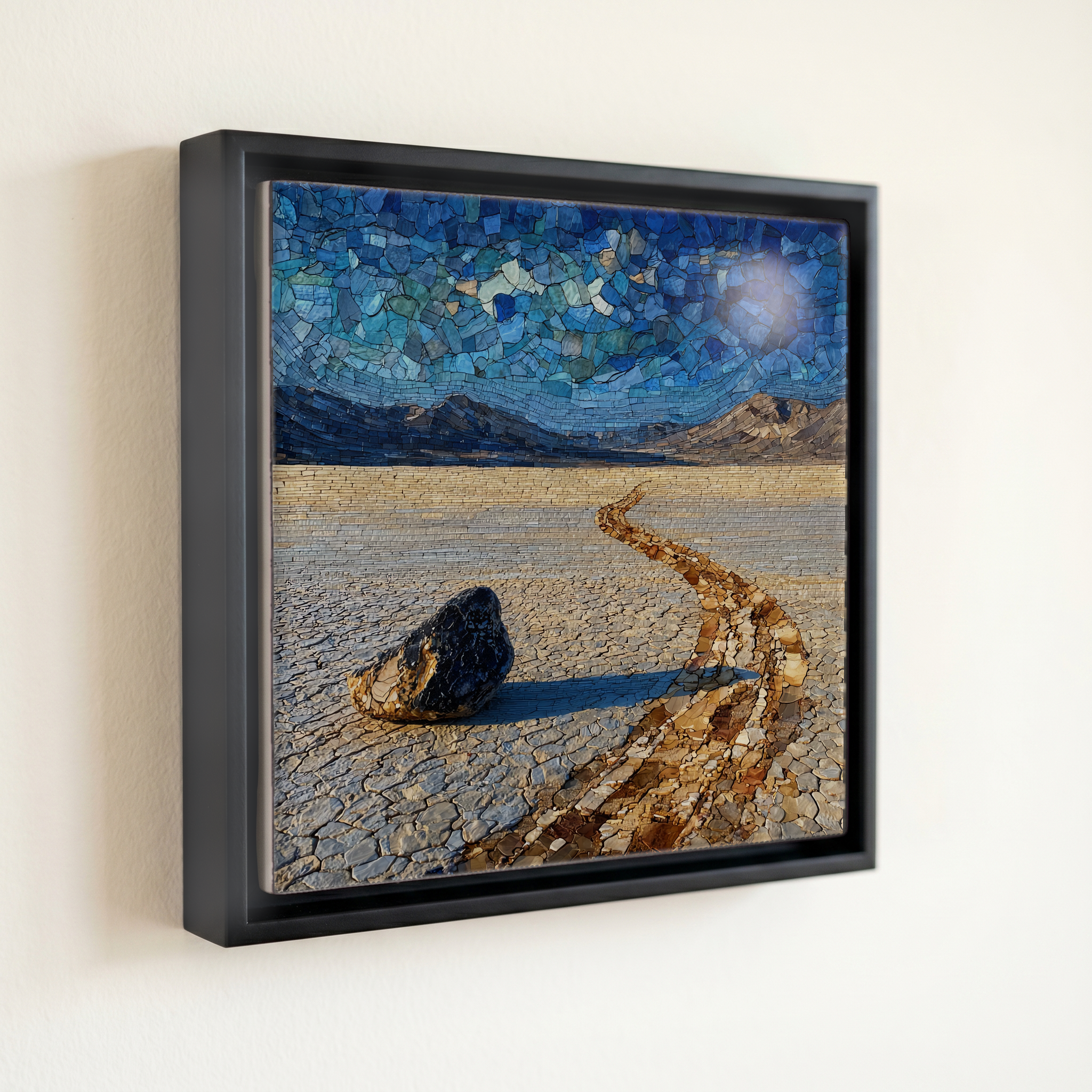 shown in a slim black floating frame · 6 × 6 in