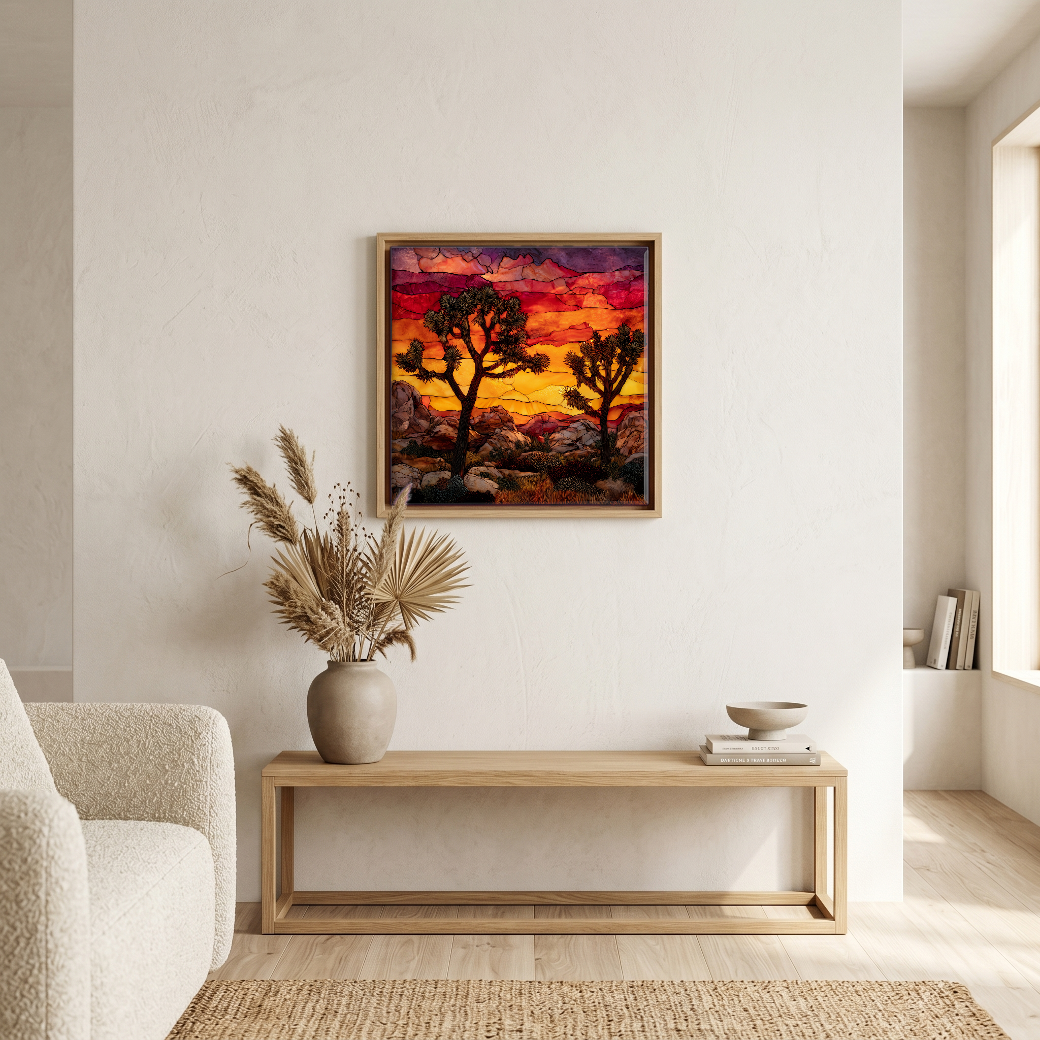 Above the bench, in a warm oak surround.