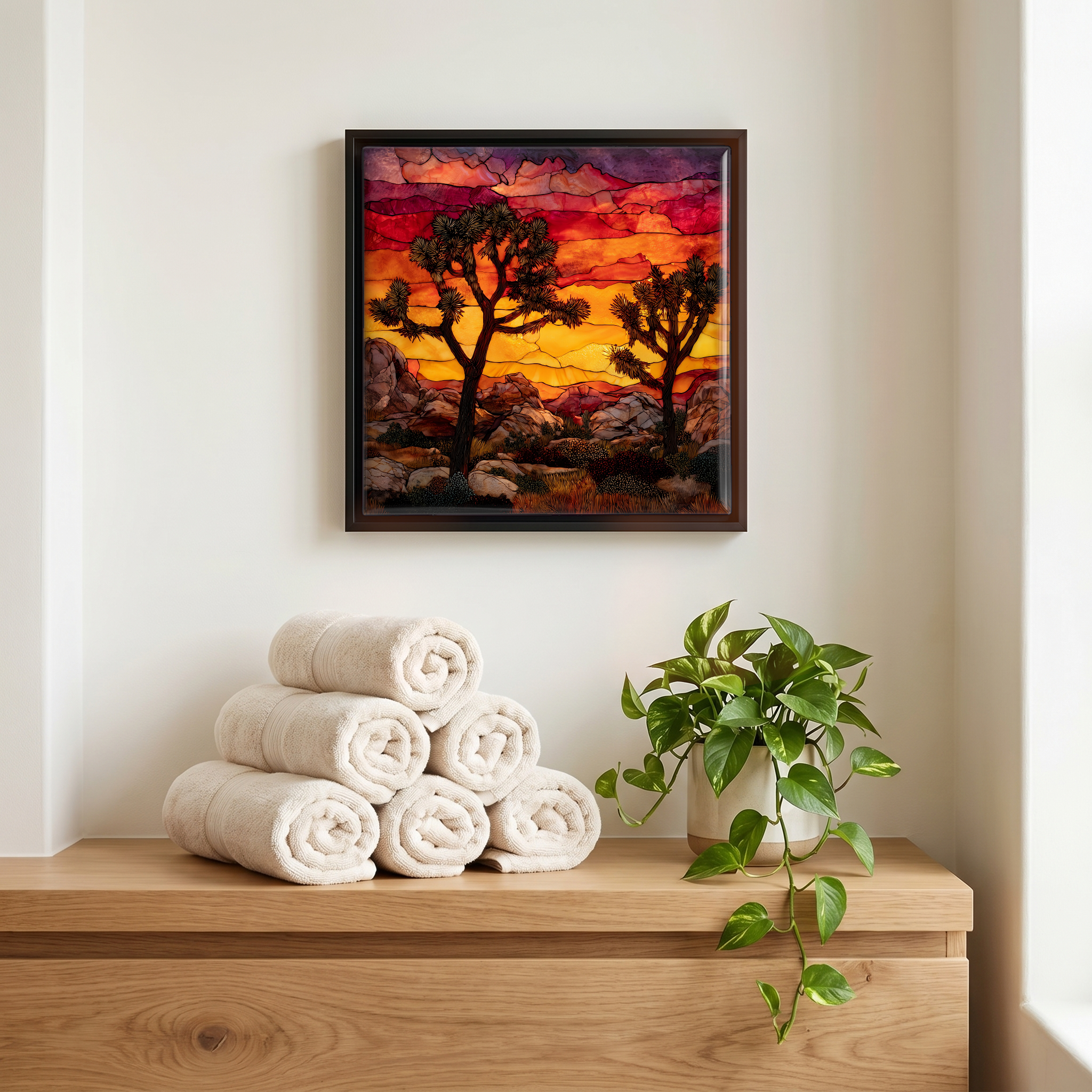 Above the linens, in a slim black surround.