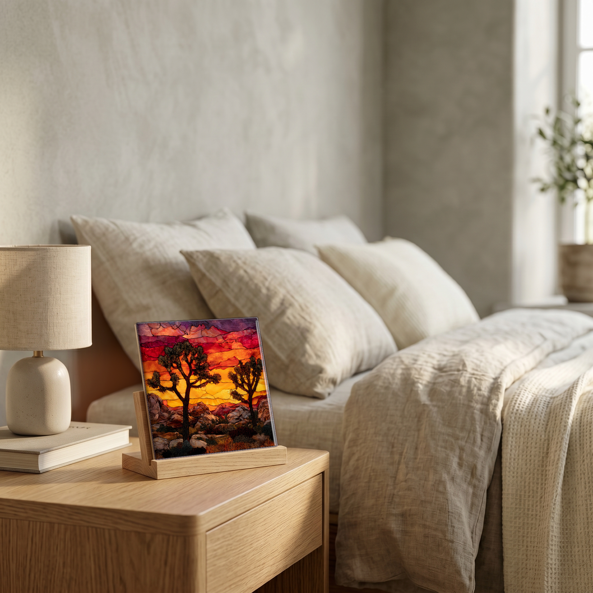 On the nightstand, on a light oak stand.