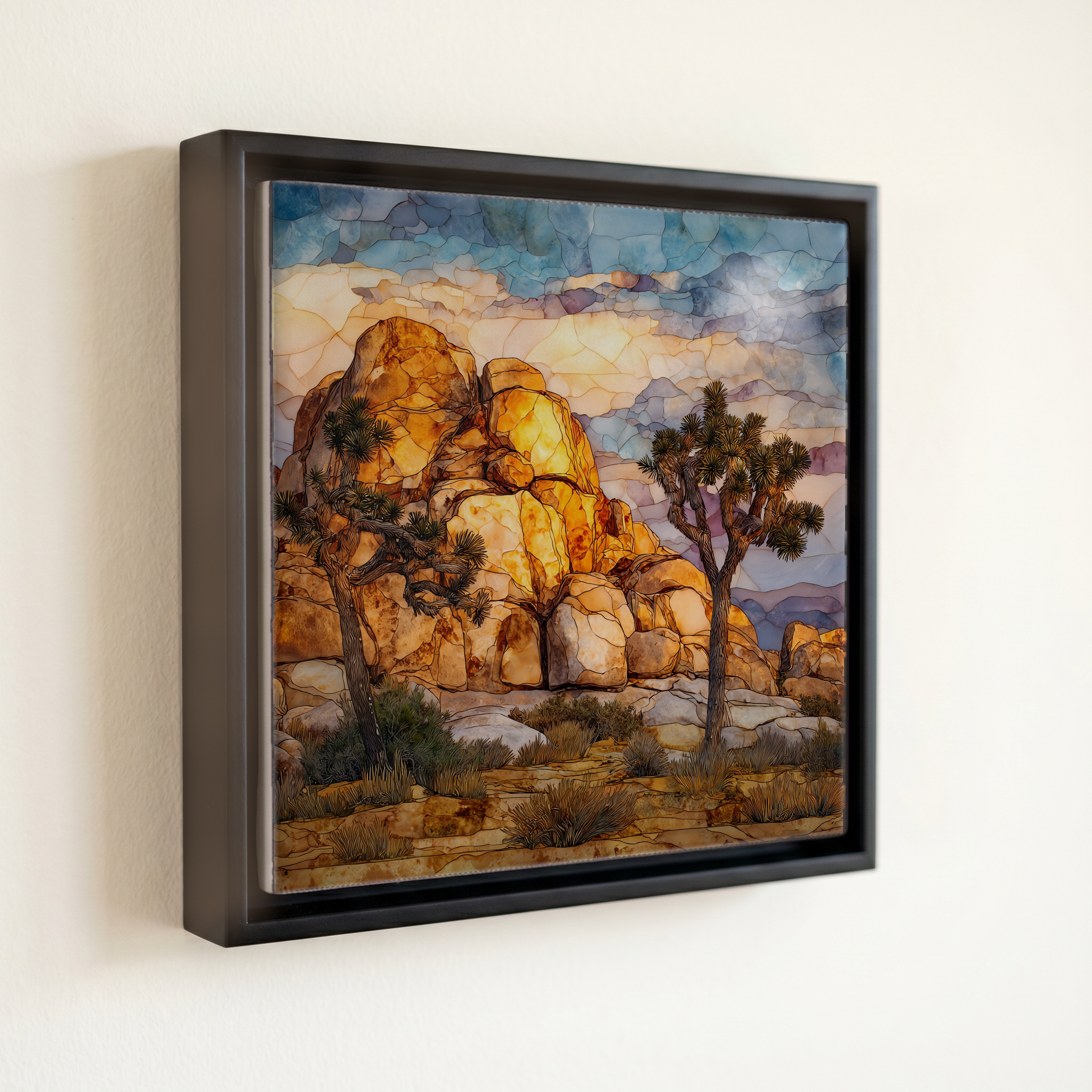 shown in a slim black floating frame · 6 × 6 in