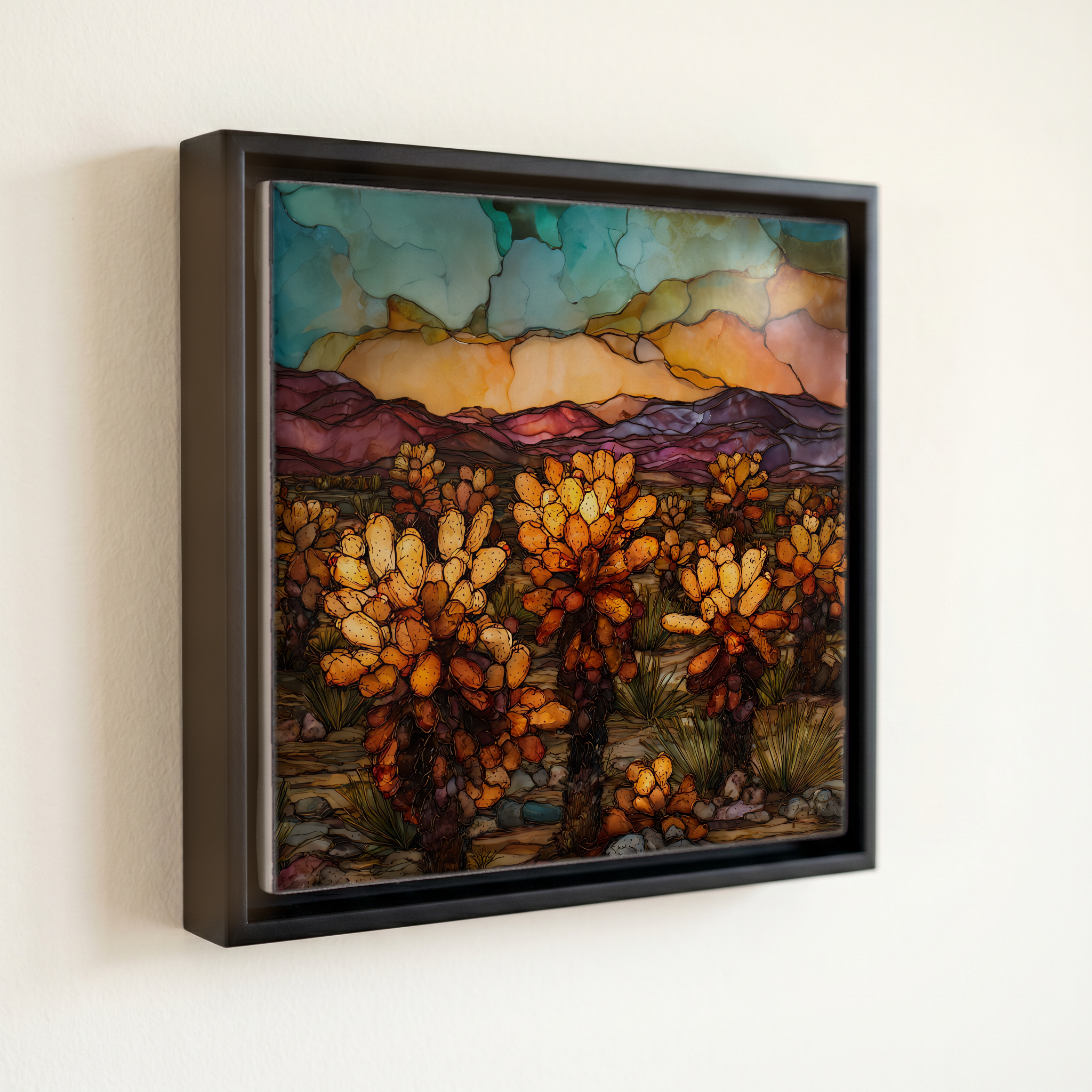 shown in a slim black floating frame · 6 × 6 in
