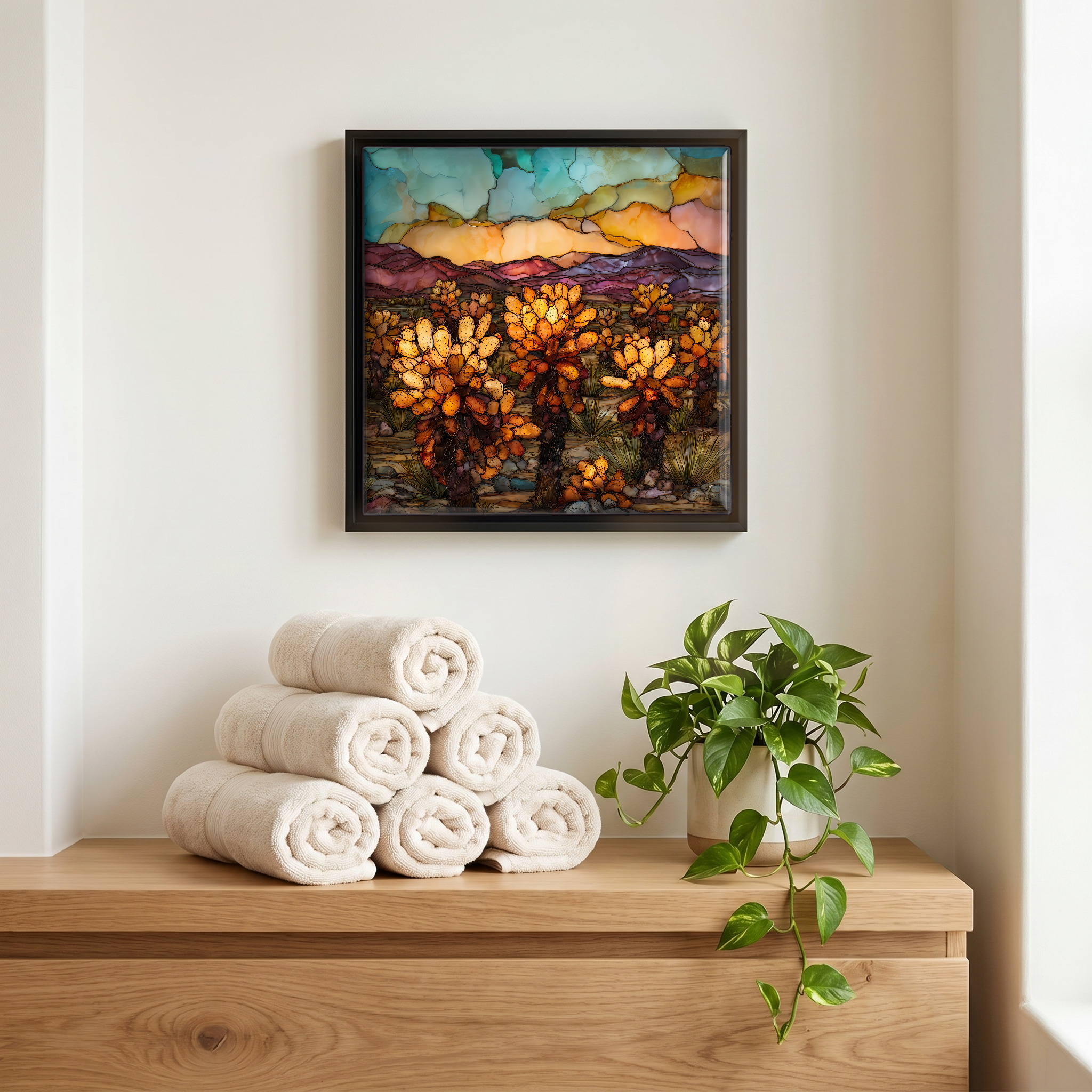 Above the linens, in a slim black surround.