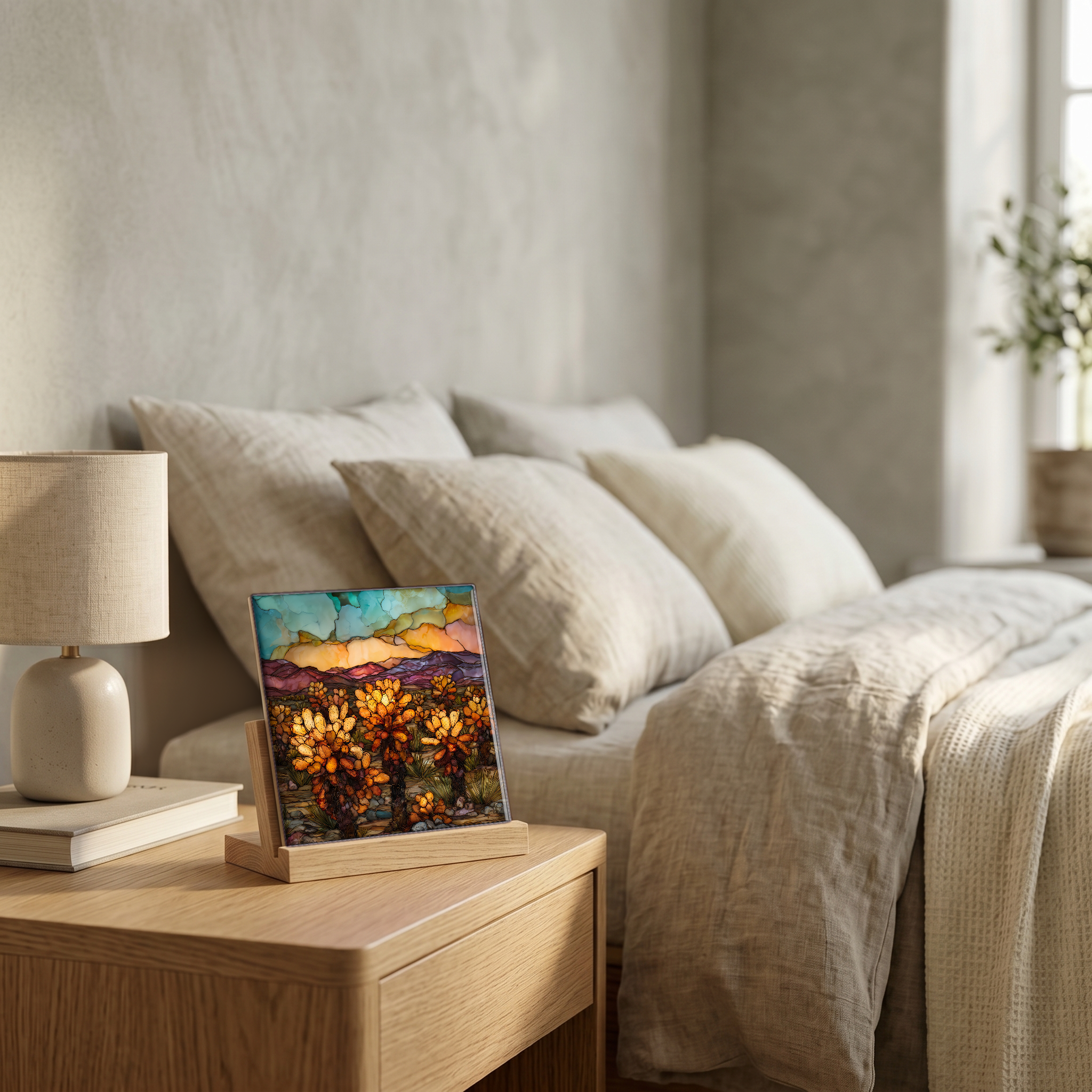 On the nightstand, on a light oak stand.