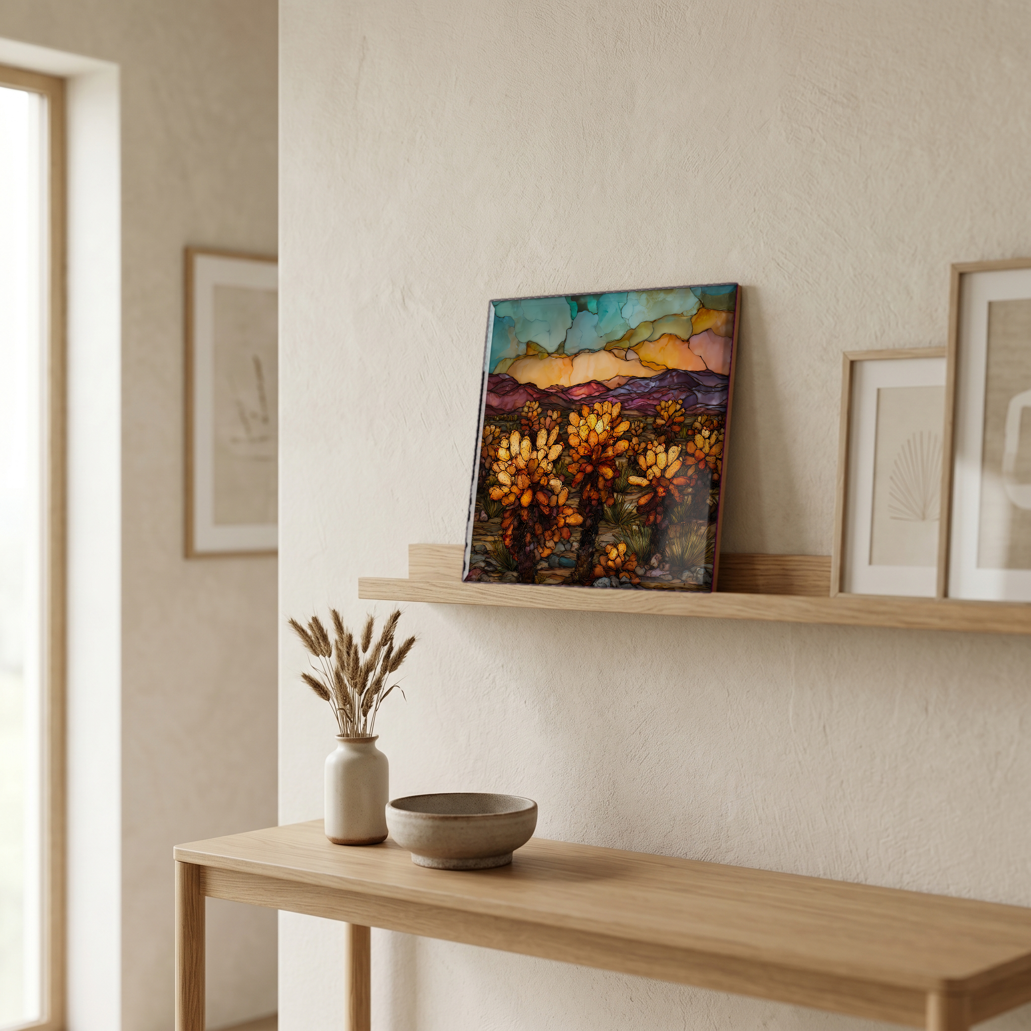 On a picture ledge, where the light comes in.