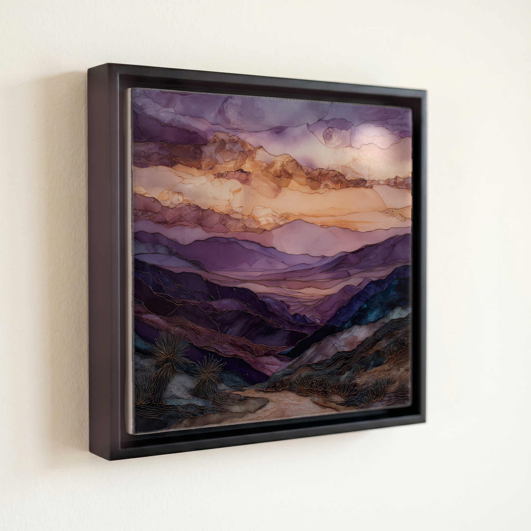 shown in a slim black floating frame · 6 × 6 in
