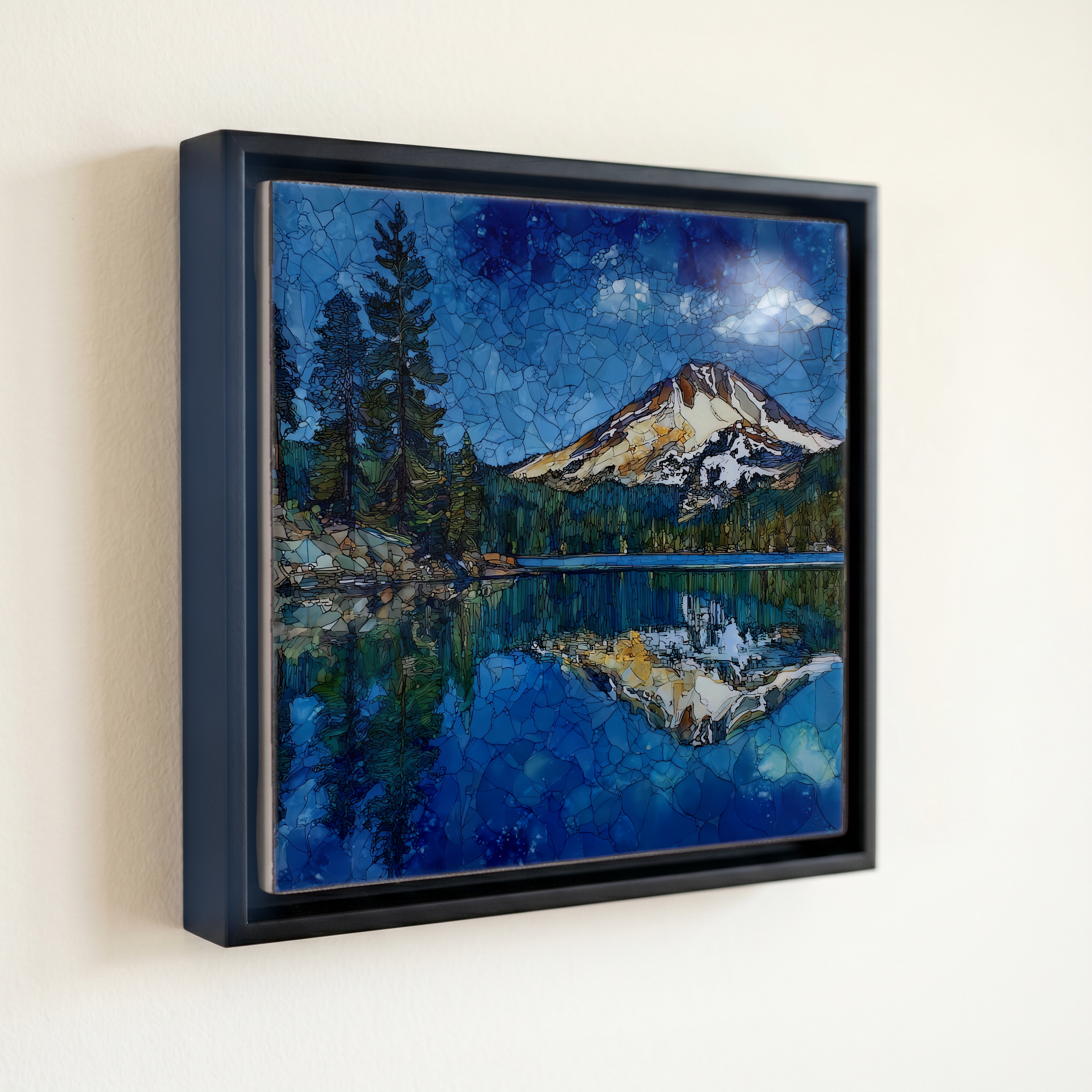shown in a slim black floating frame · 6 × 6 in