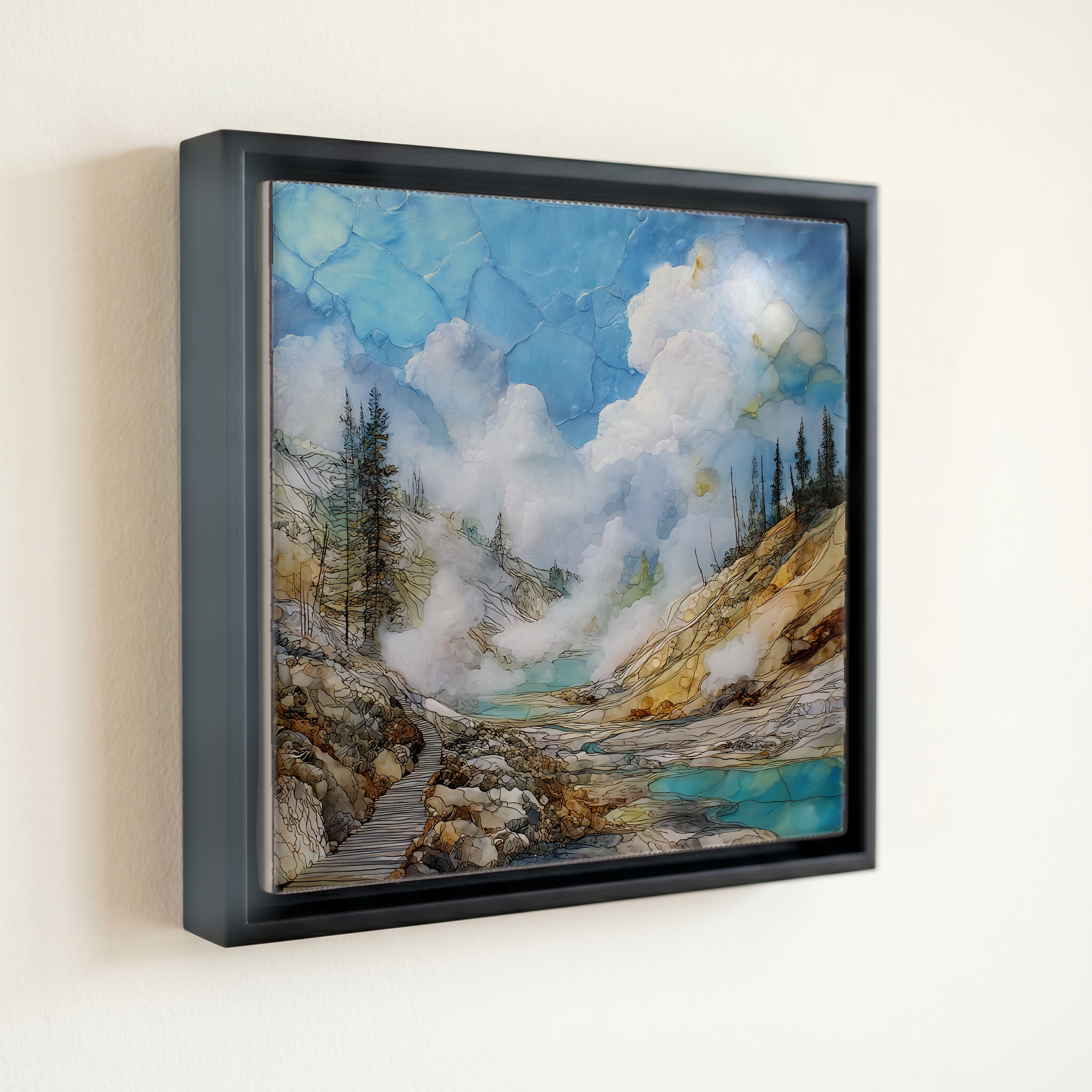 shown in a slim black floating frame · 6 × 6 in