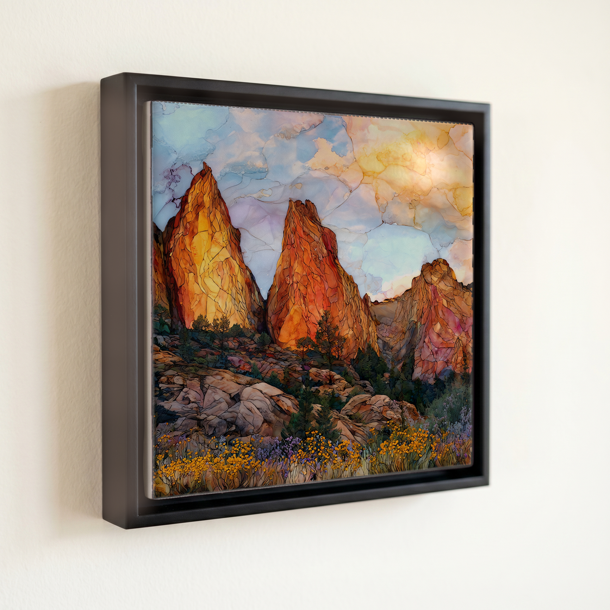 shown in a slim black floating frame · 6 × 6 in