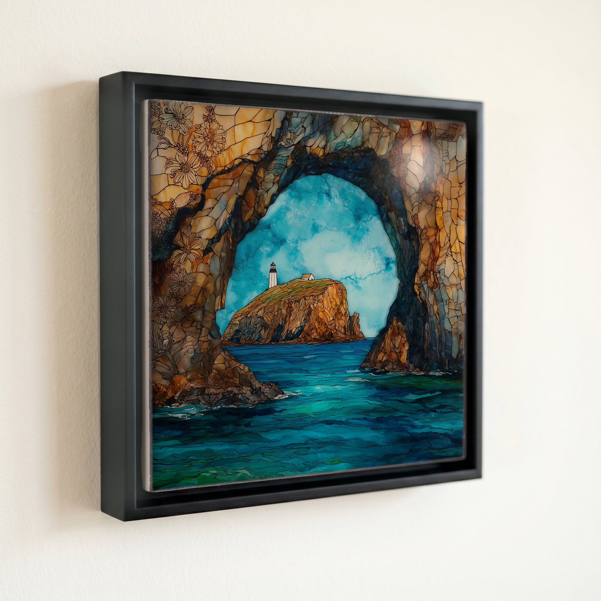 shown in a slim black floating frame · 6 × 6 in