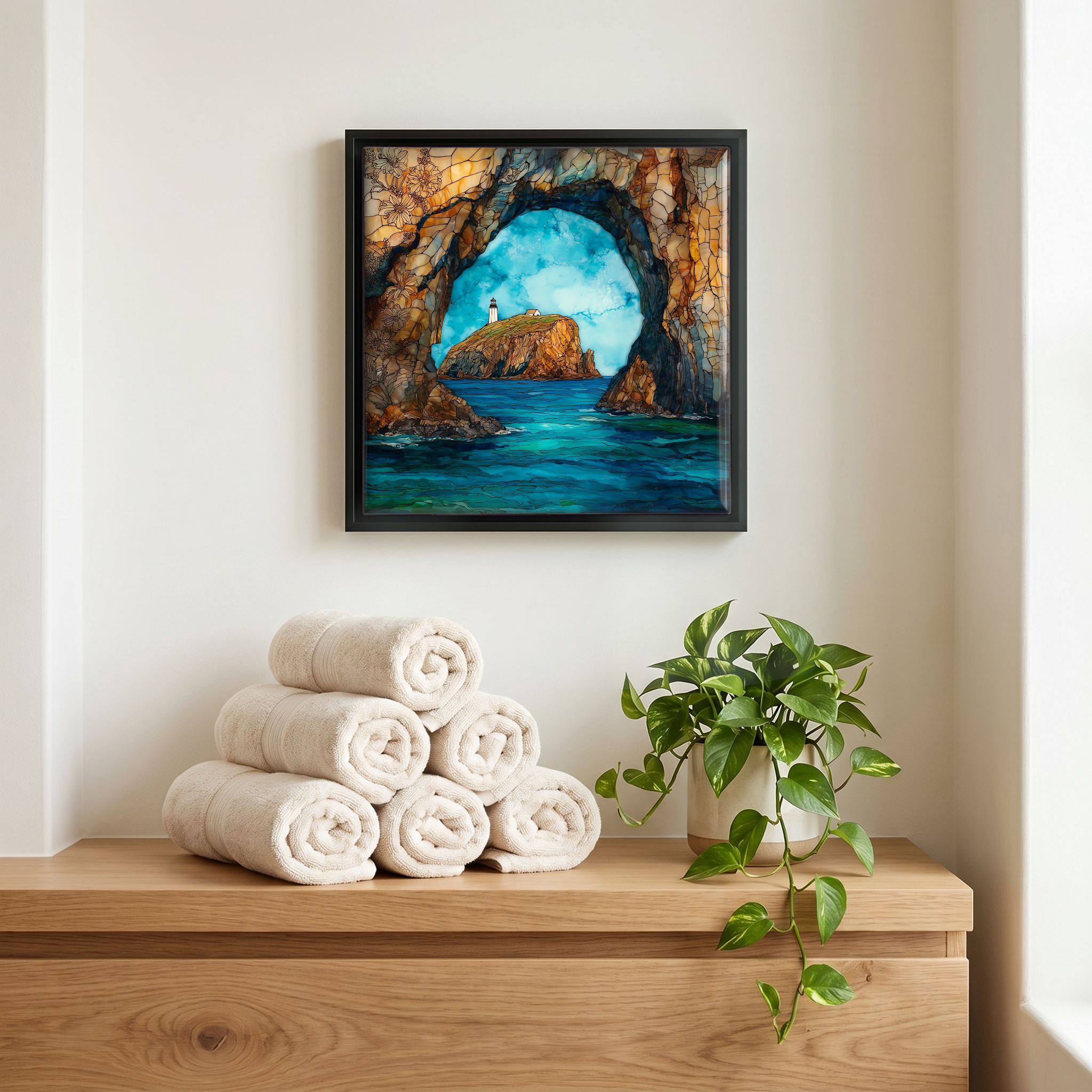 Above the linens, in a slim black surround.