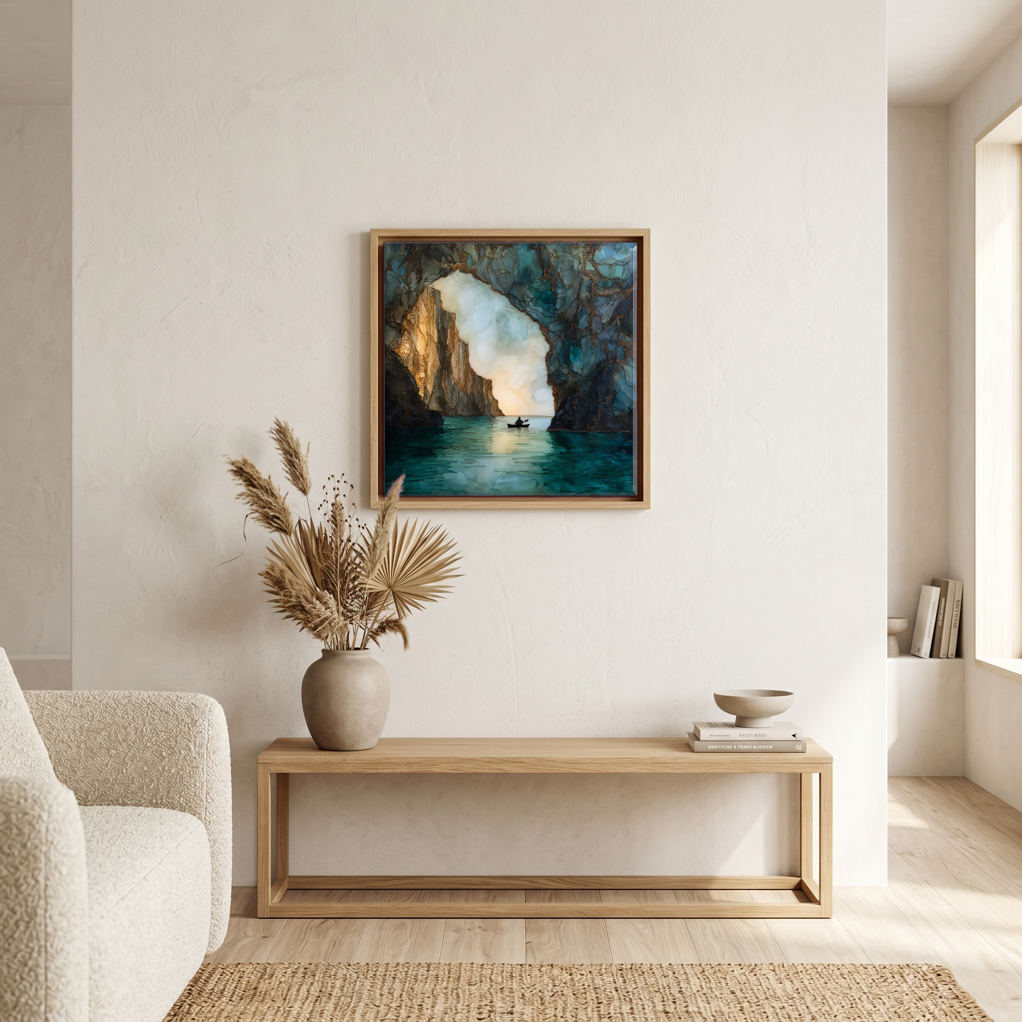 Above the bench, in a warm oak surround.