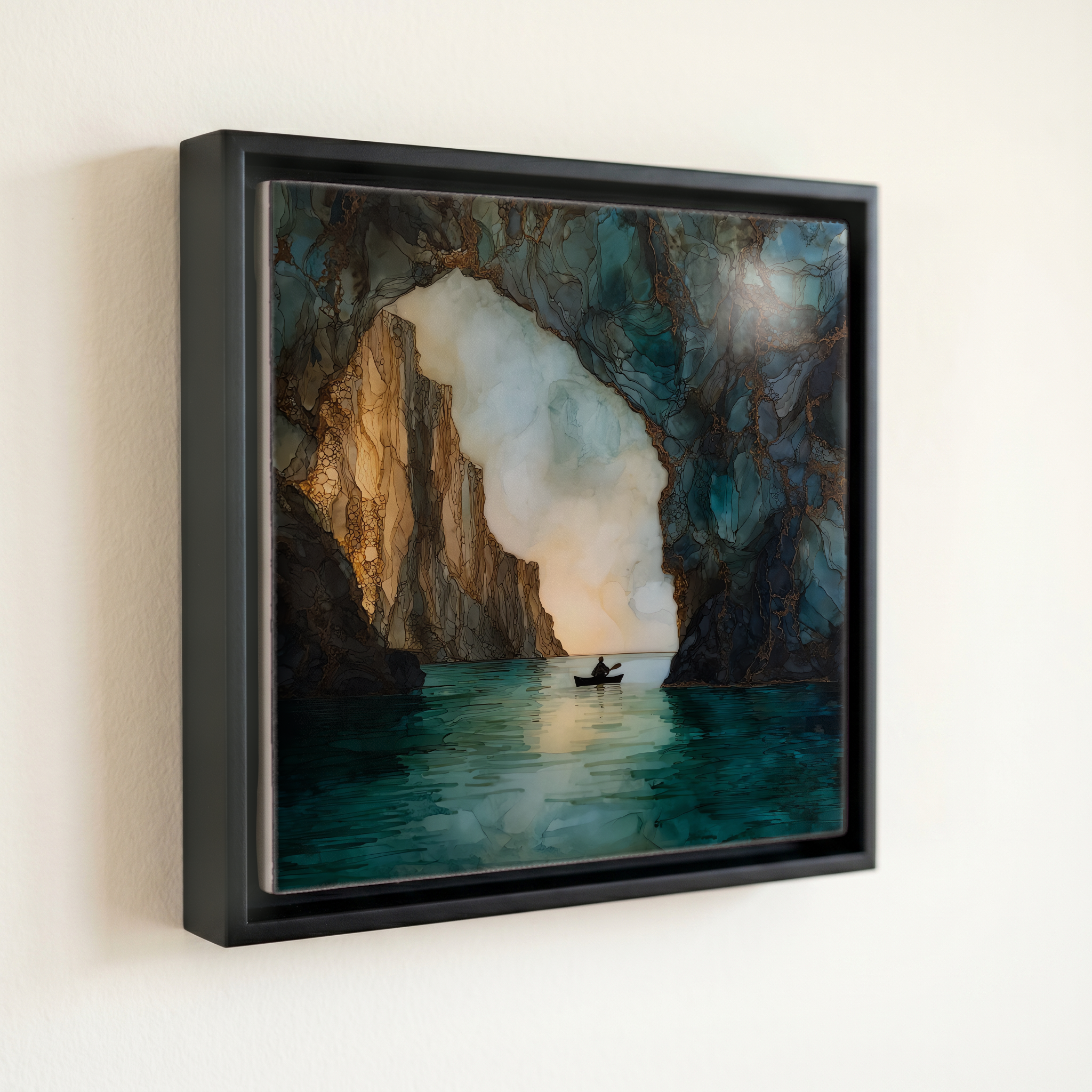 shown in a slim black floating frame · 6 × 6 in