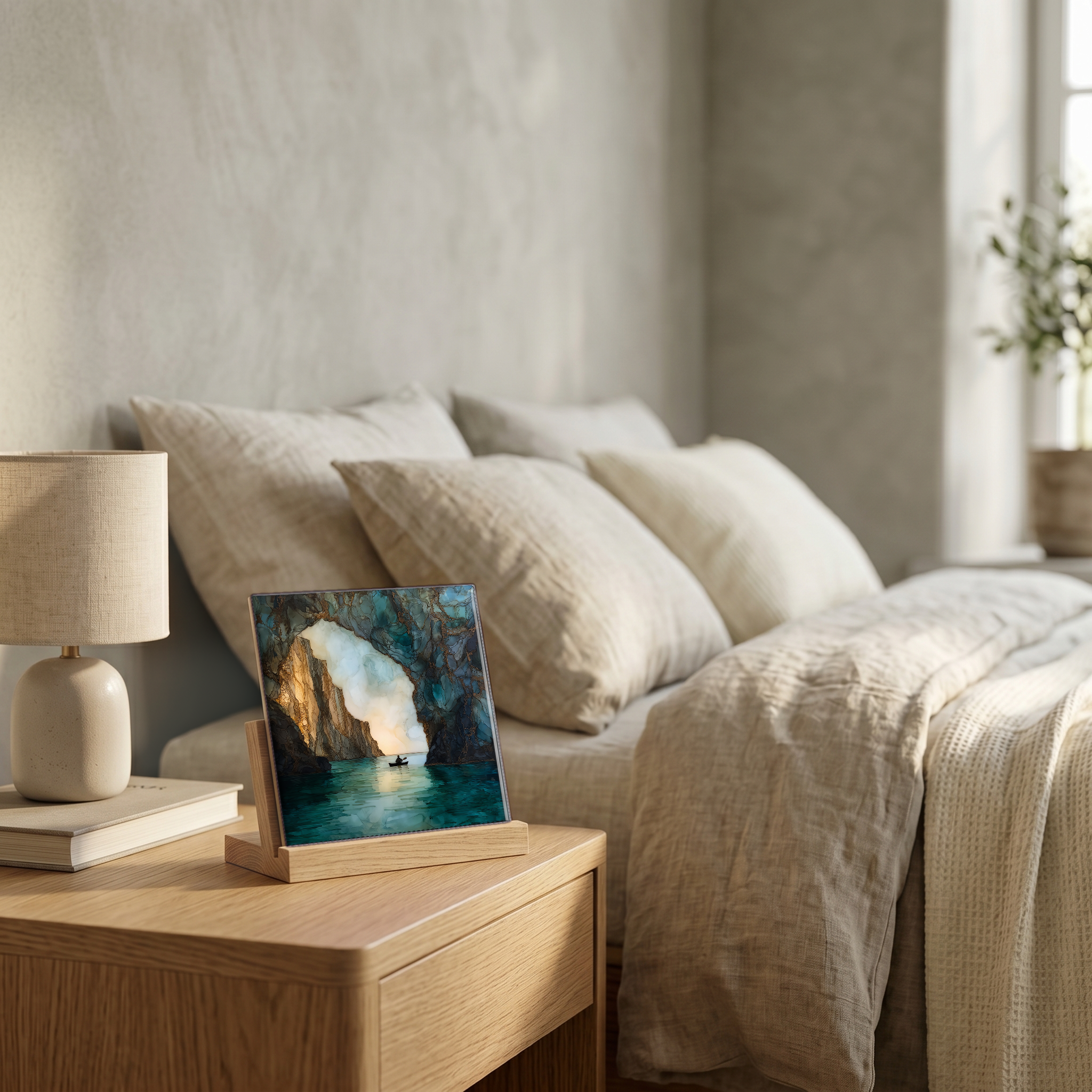 On the nightstand, on a light oak stand.