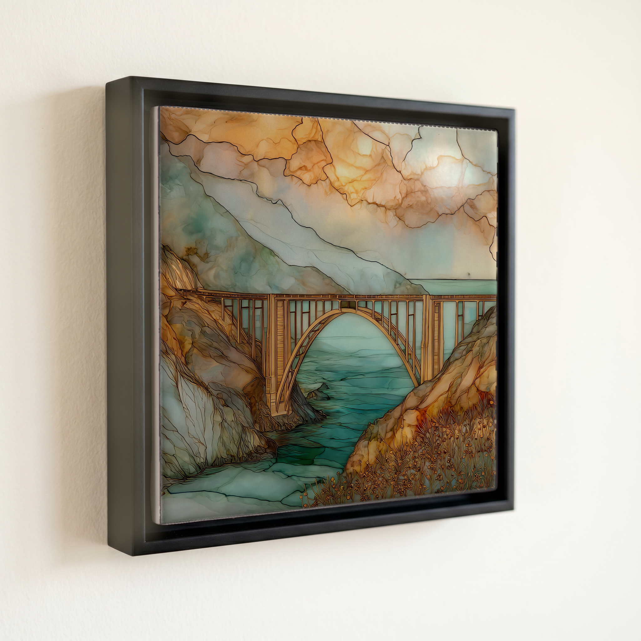 shown in a slim black floating frame · 6 × 6 in