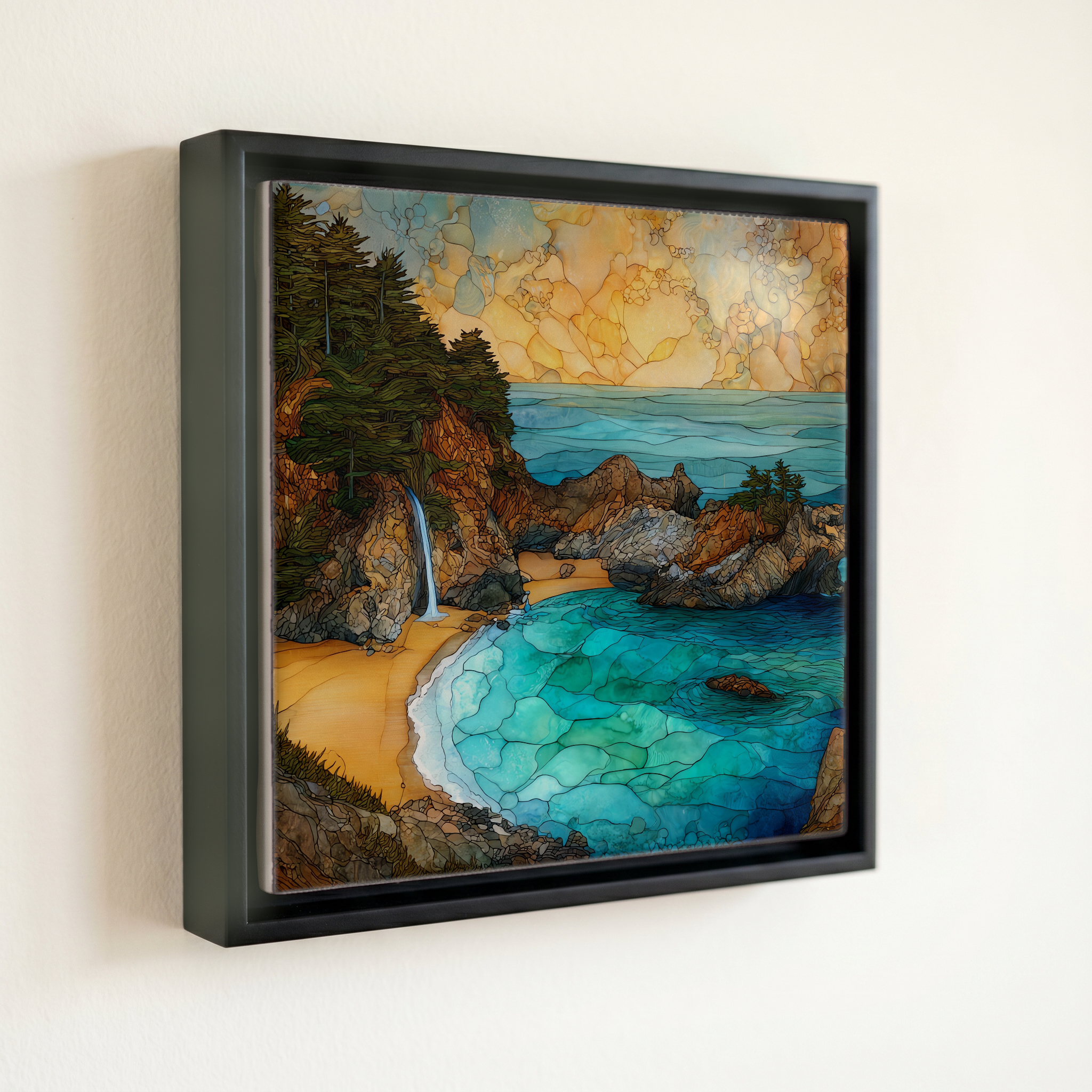 shown in a slim black floating frame · 6 × 6 in