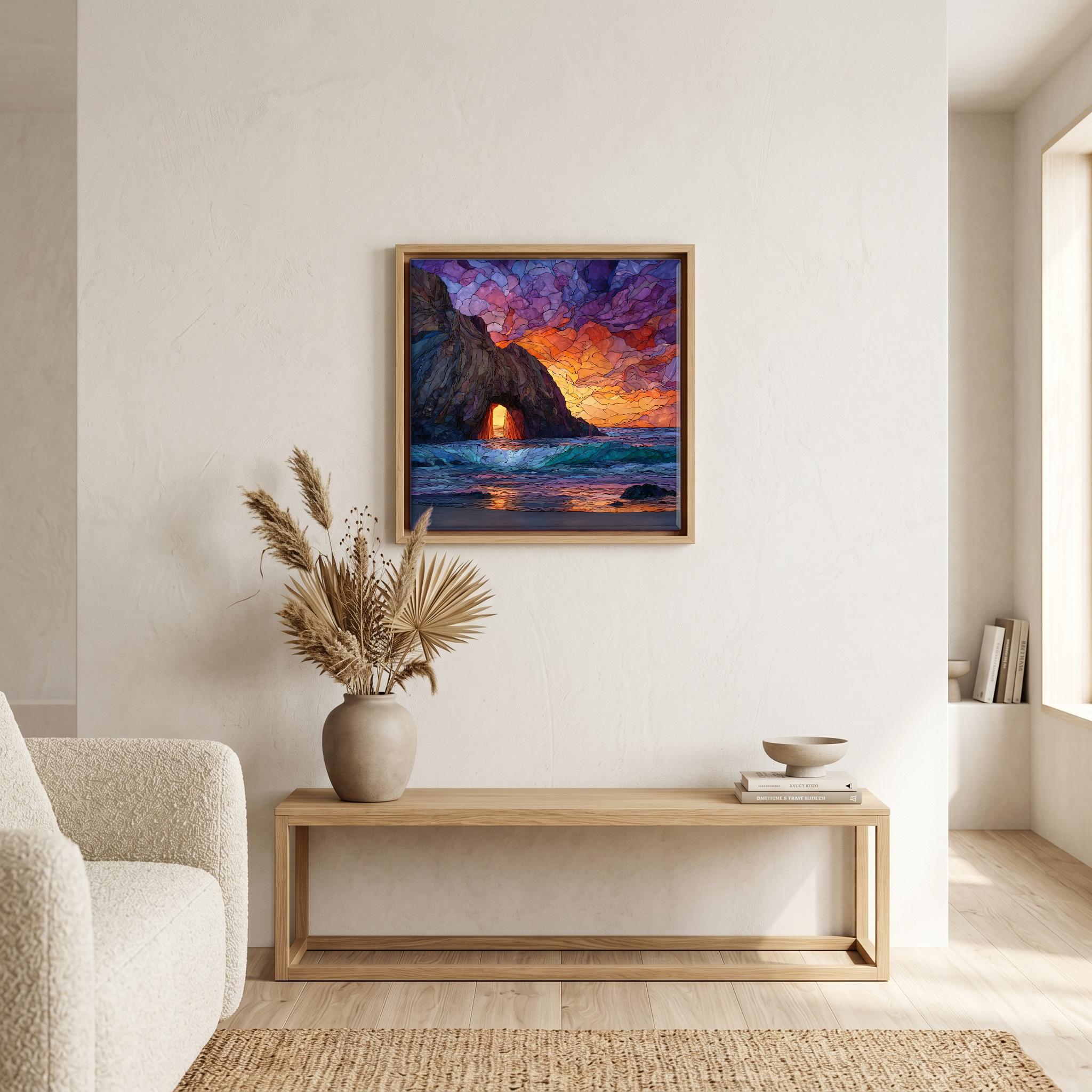Above the bench, in a warm oak surround.
