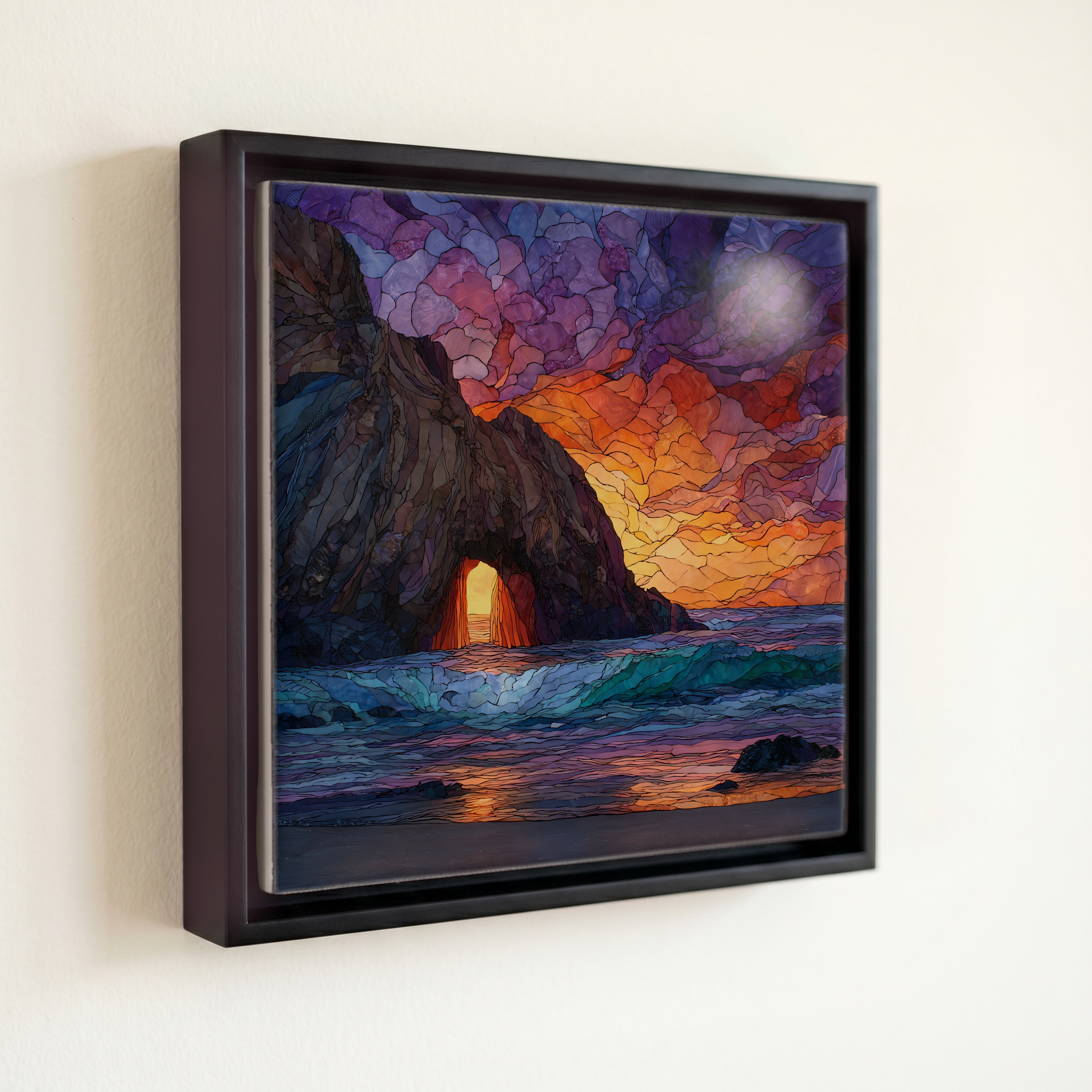 shown in a slim black floating frame · 6 × 6 in