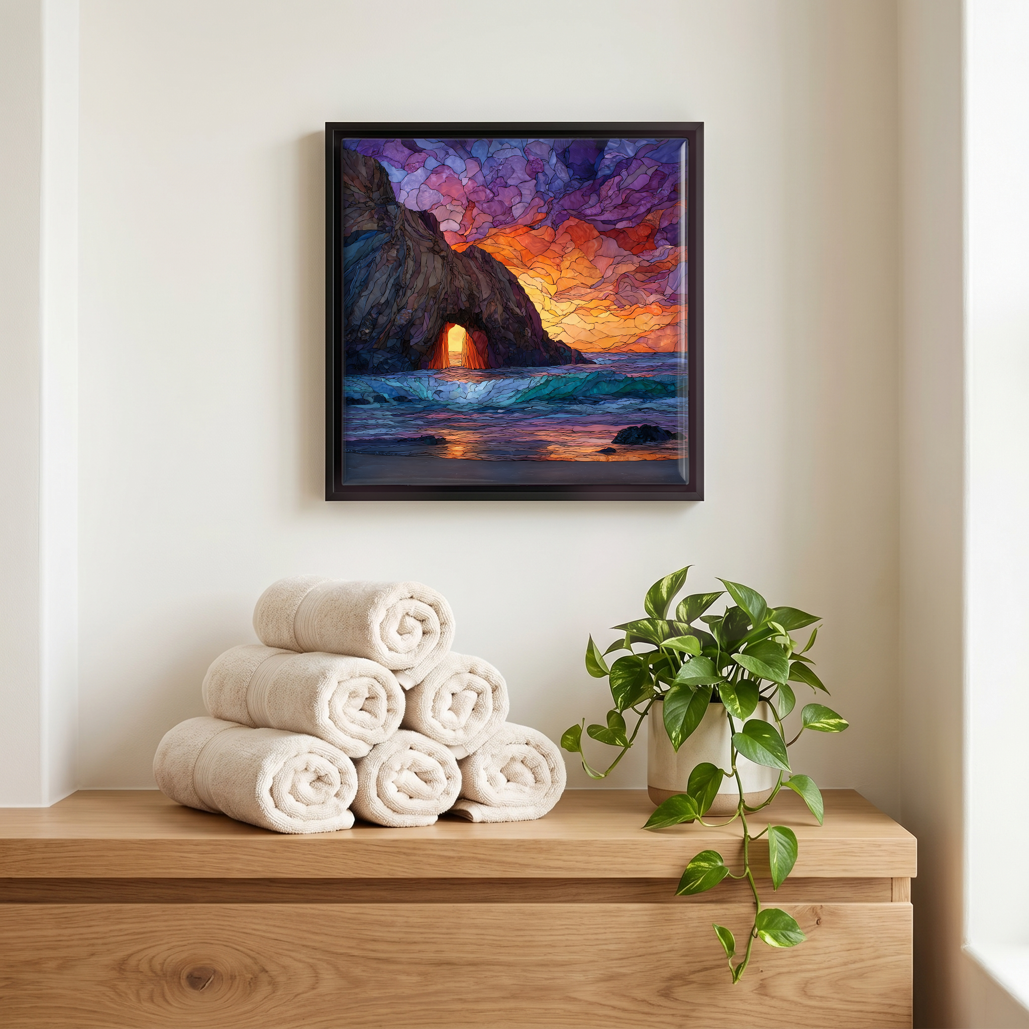 Above the linens, in a slim black surround.
