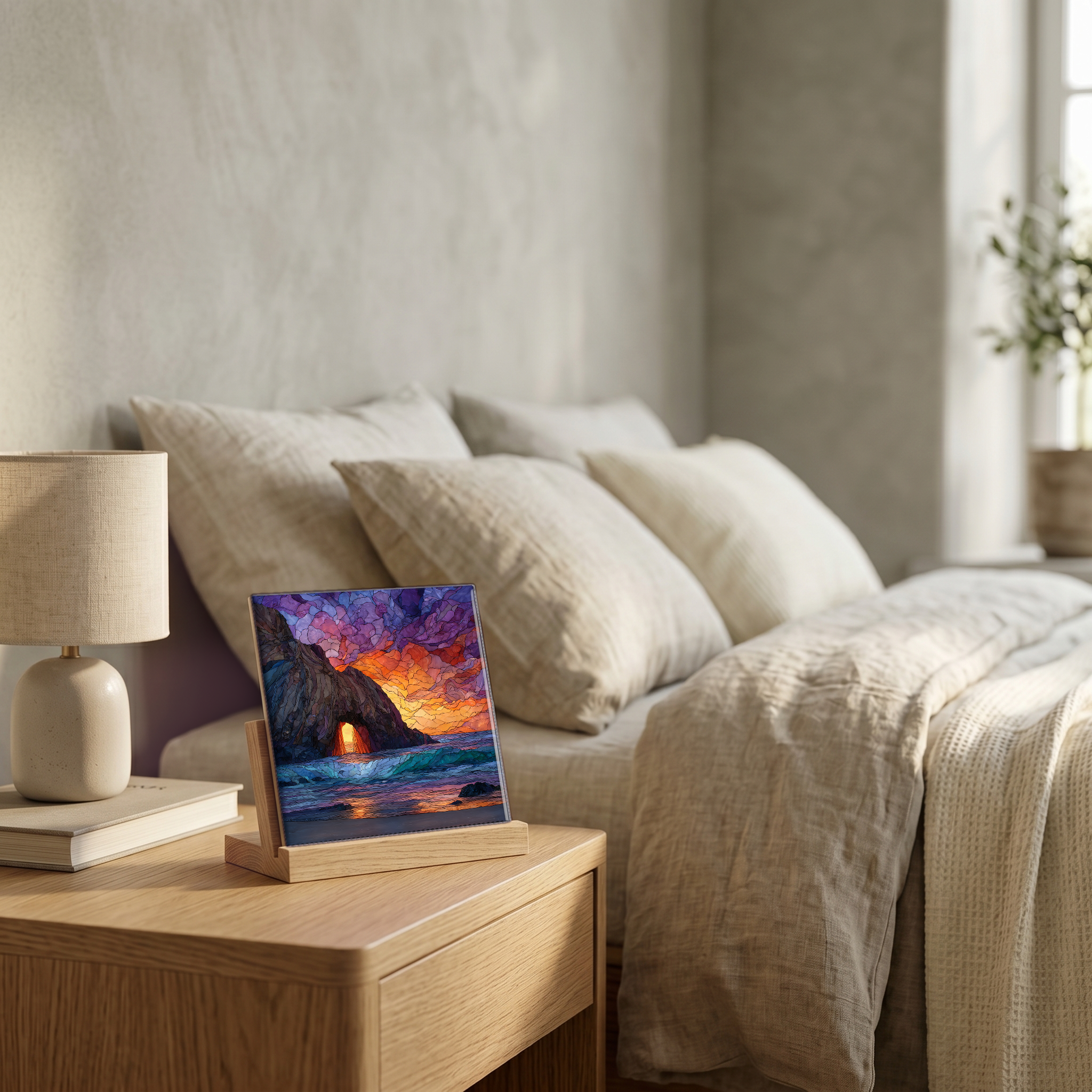 On the nightstand, on a light oak stand.