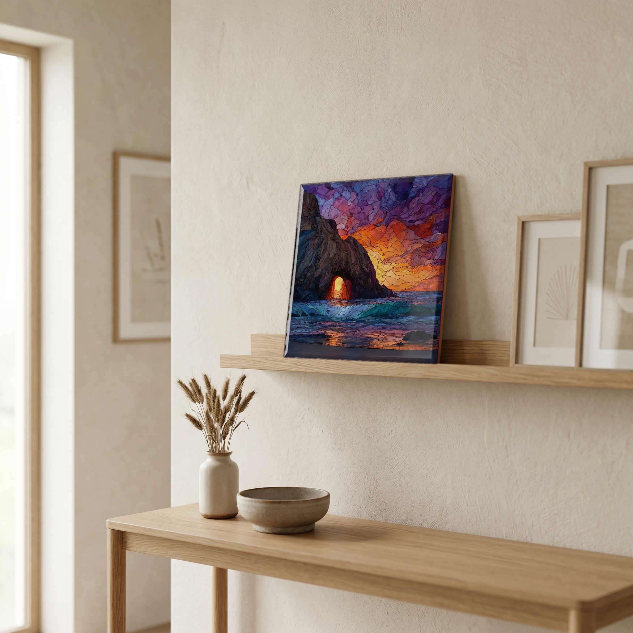 On a picture ledge, where the light comes in.