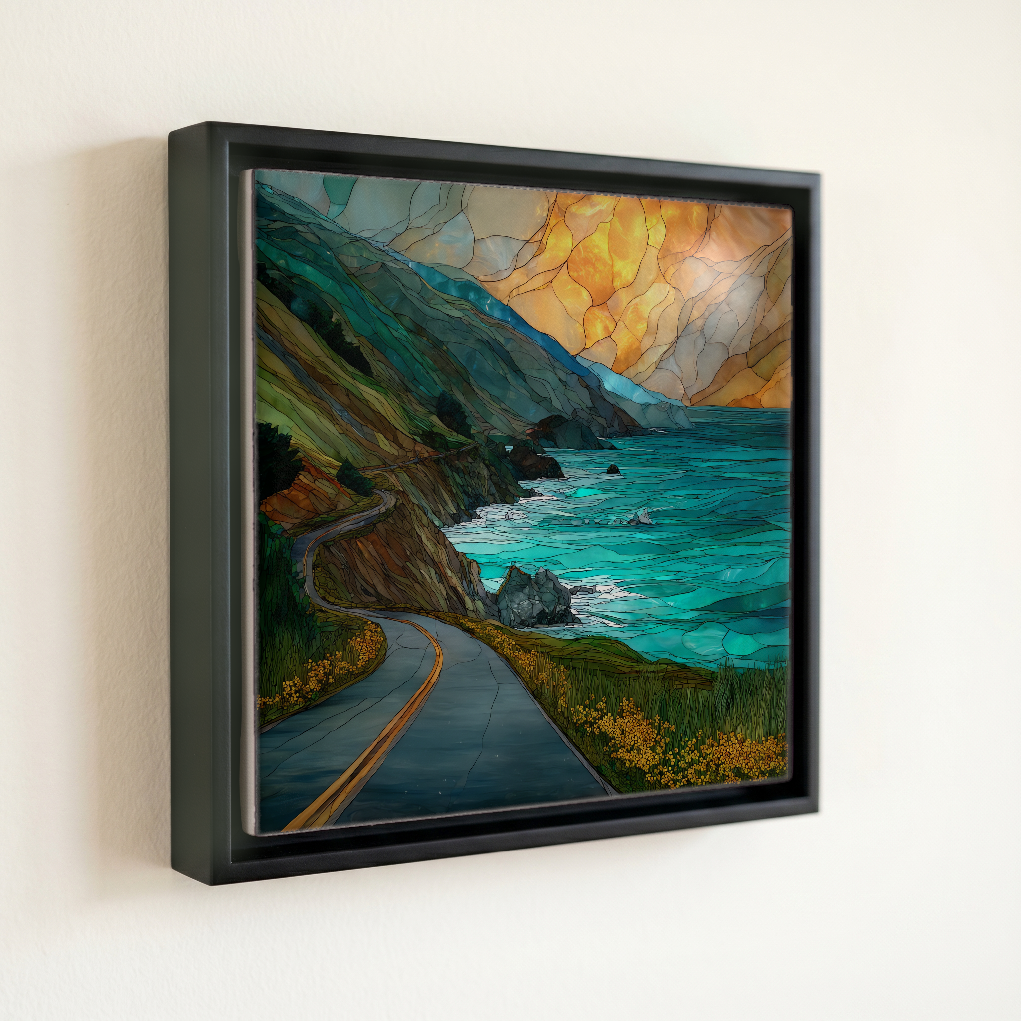 shown in a slim black floating frame · 6 × 6 in