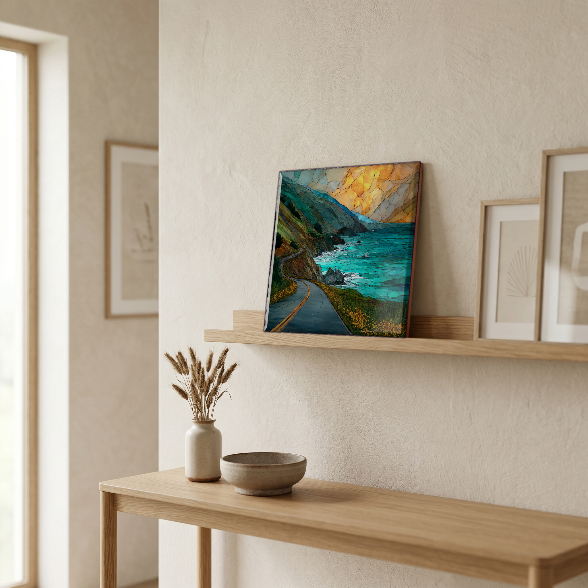 On a picture ledge, where the light comes in.