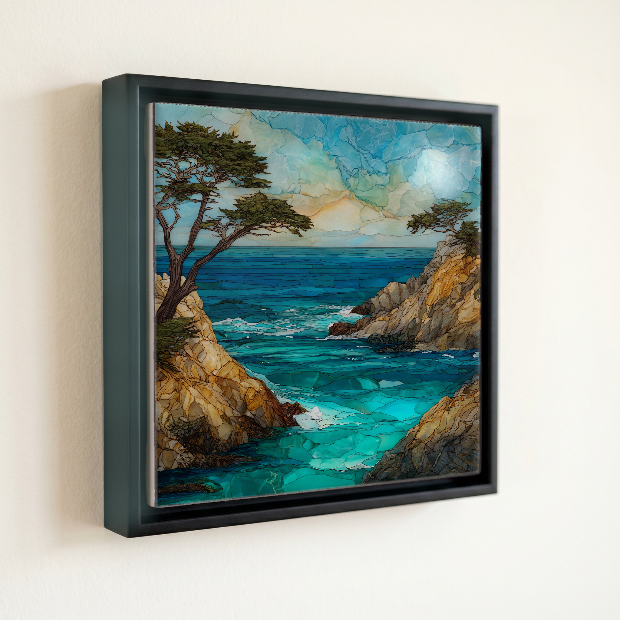 shown in a slim black floating frame · 6 × 6 in