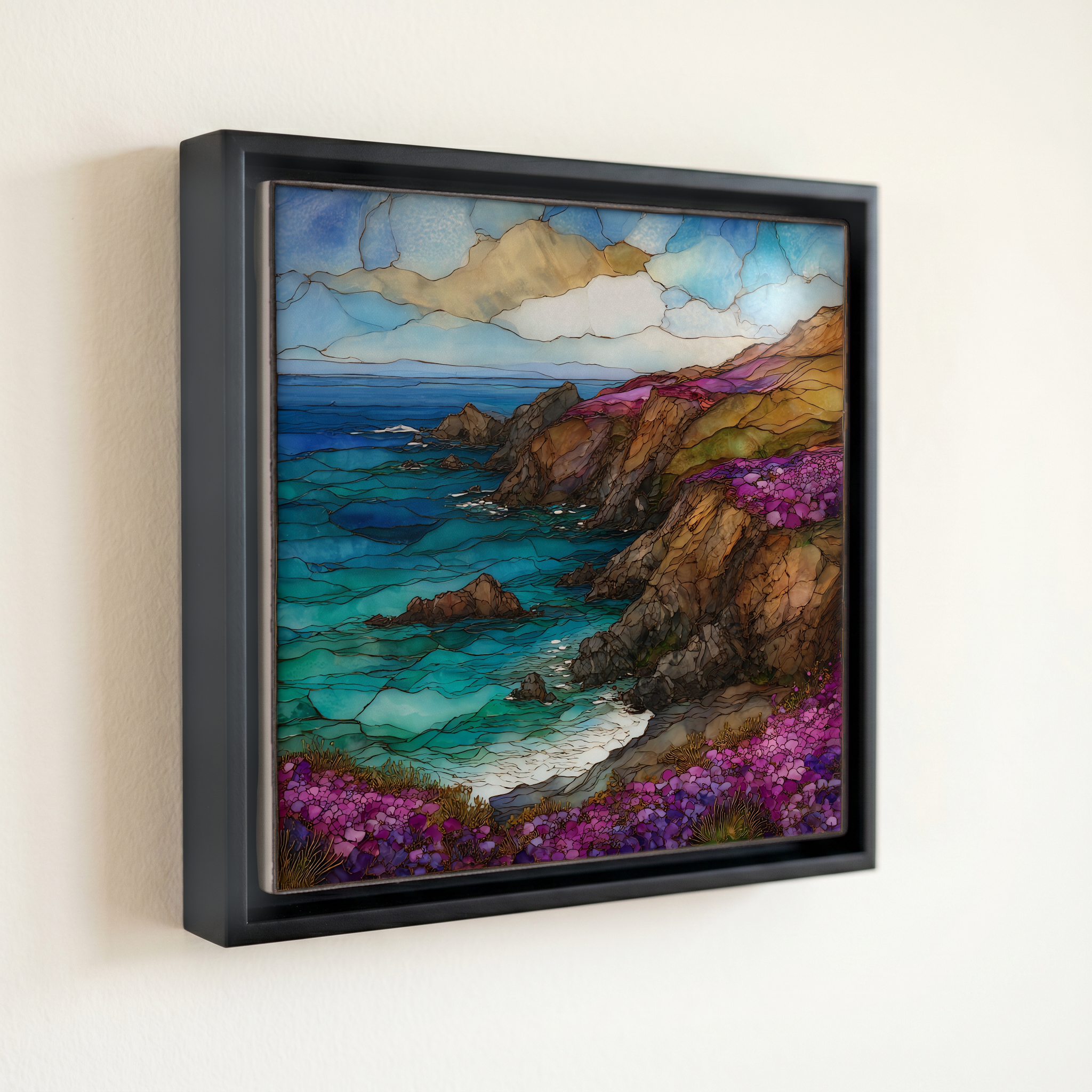 shown in a slim black floating frame · 6 × 6 in