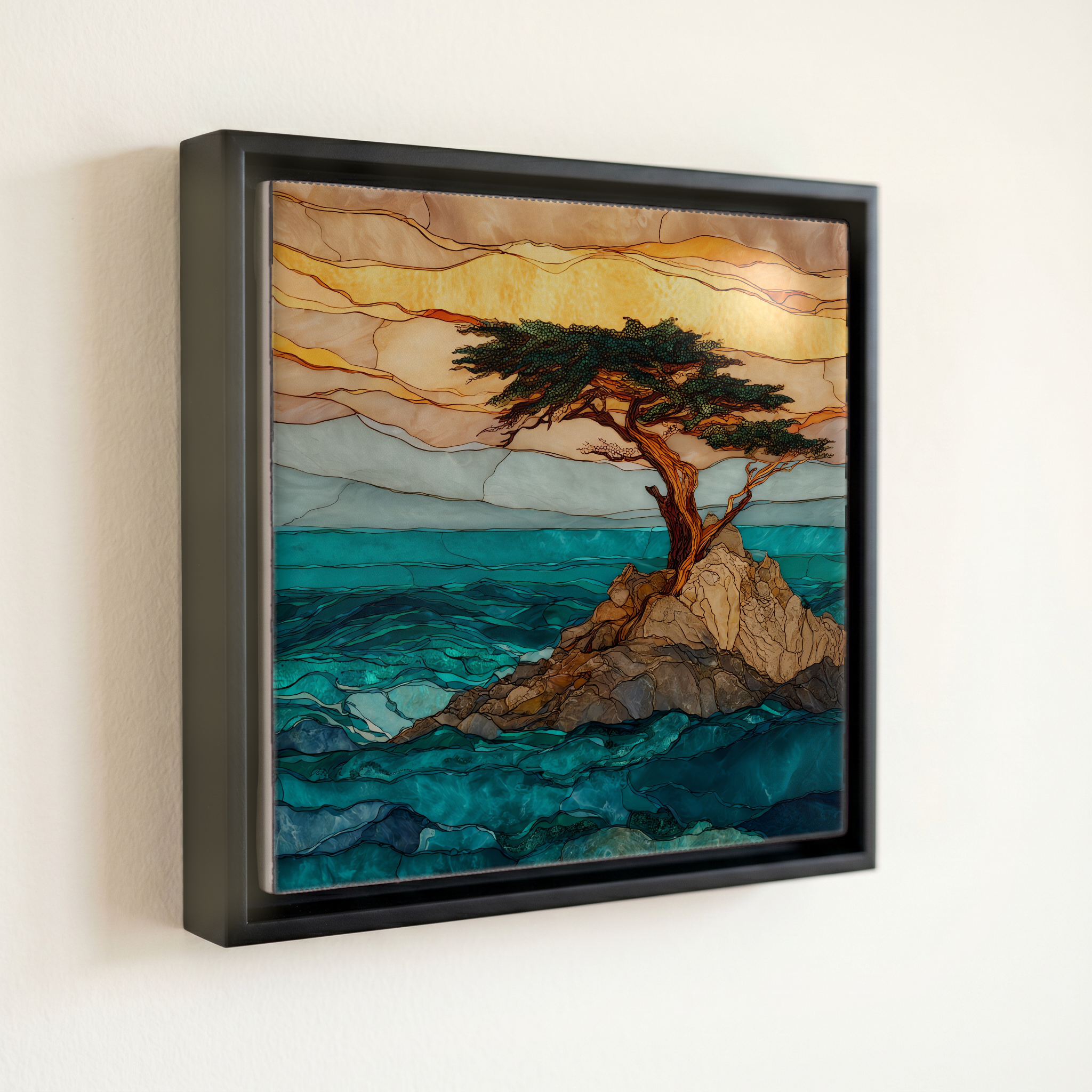 shown in a slim black floating frame · 6 × 6 in