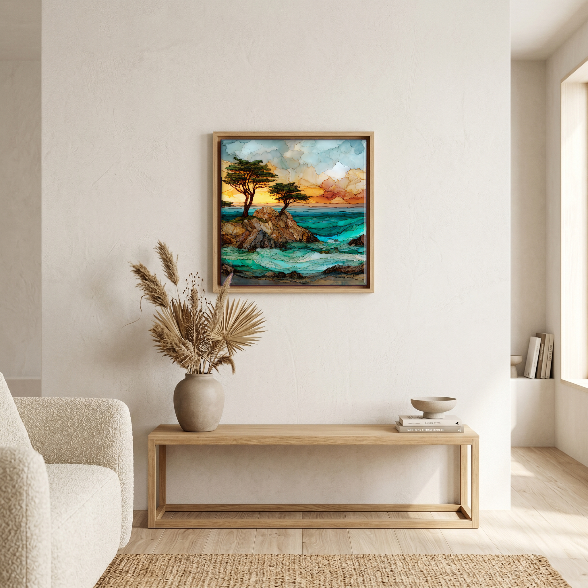 Above the bench, in a warm oak surround.