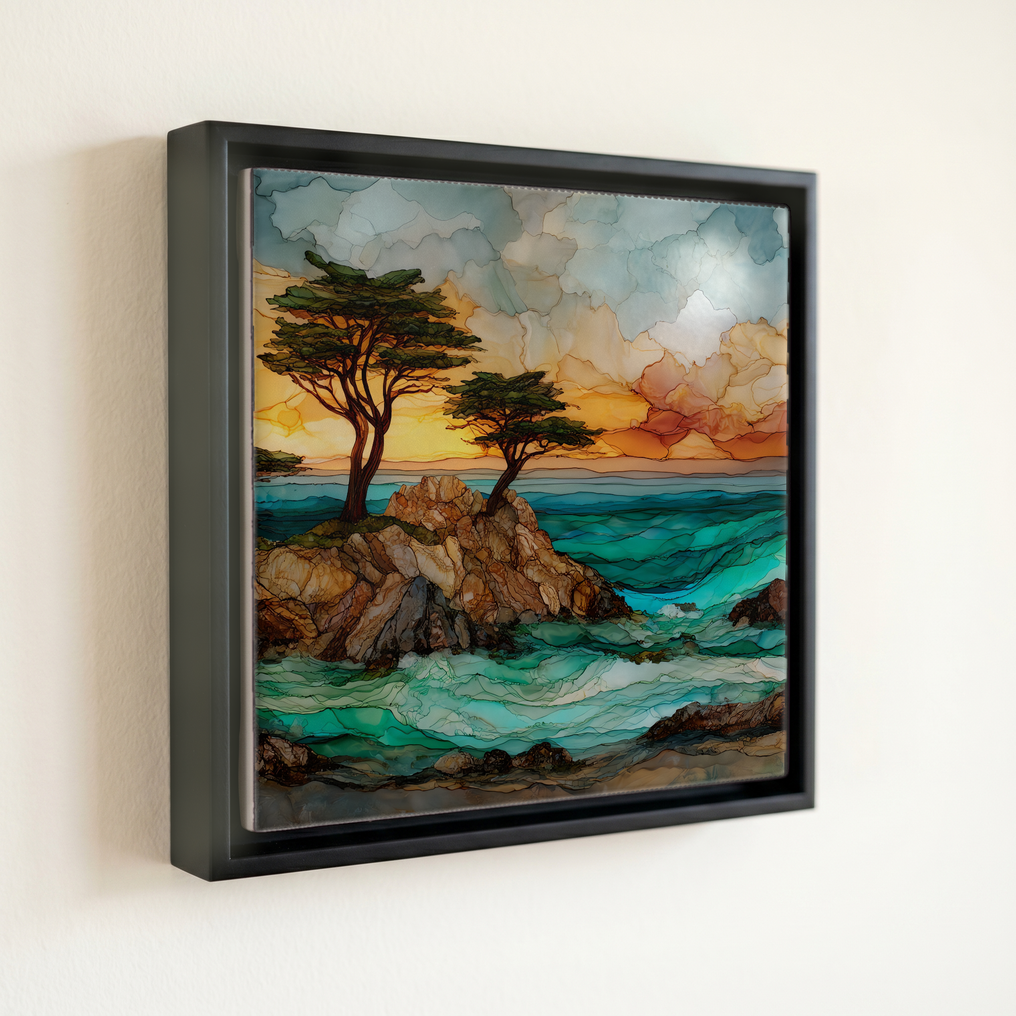 shown in a slim black floating frame · 6 × 6 in