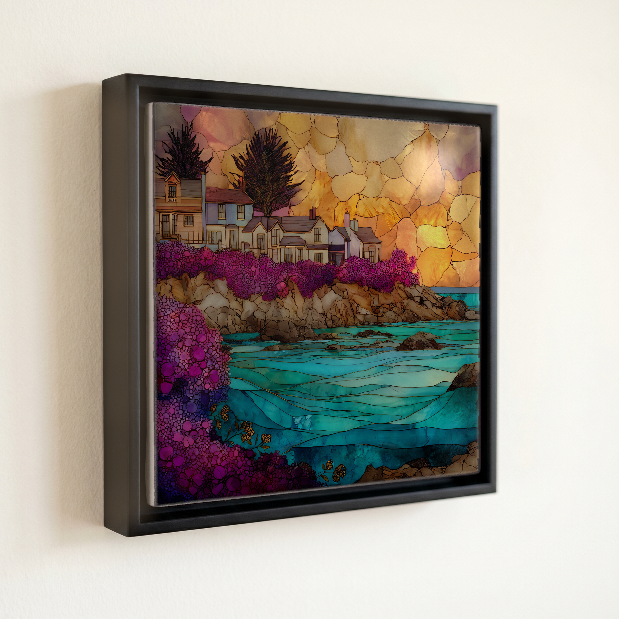 shown in a slim black floating frame · 6 × 6 in