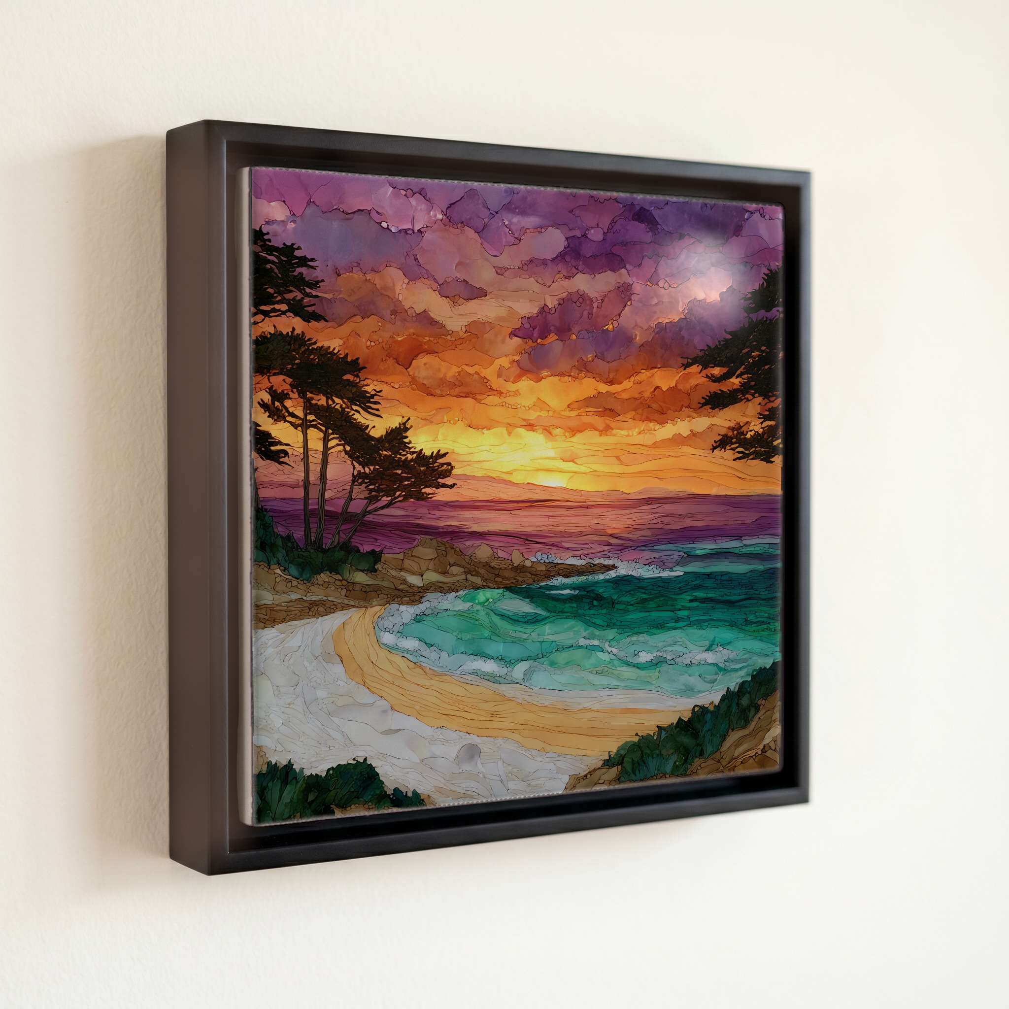 shown in a slim black floating frame · 6 × 6 in
