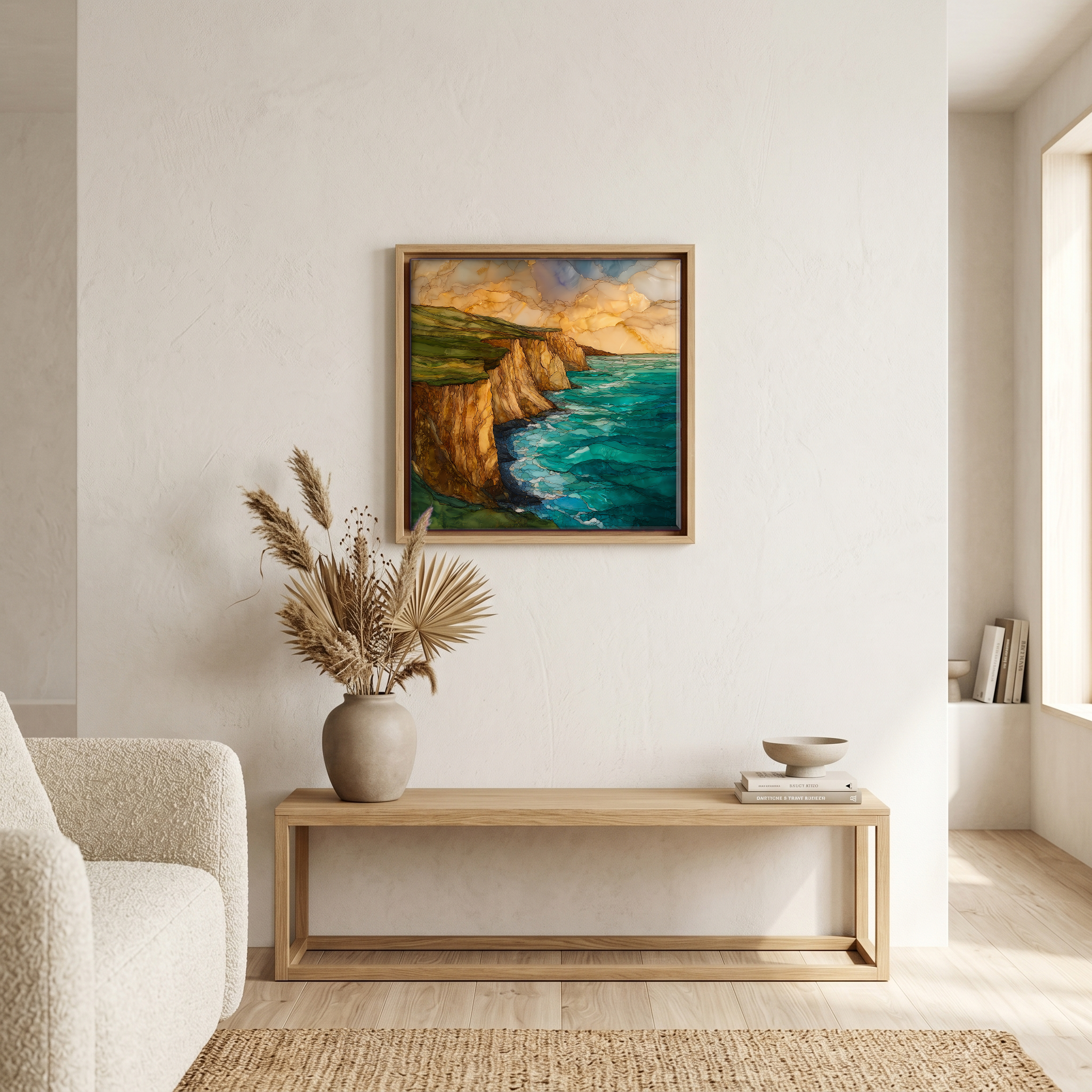 Above the bench, in a warm oak surround.