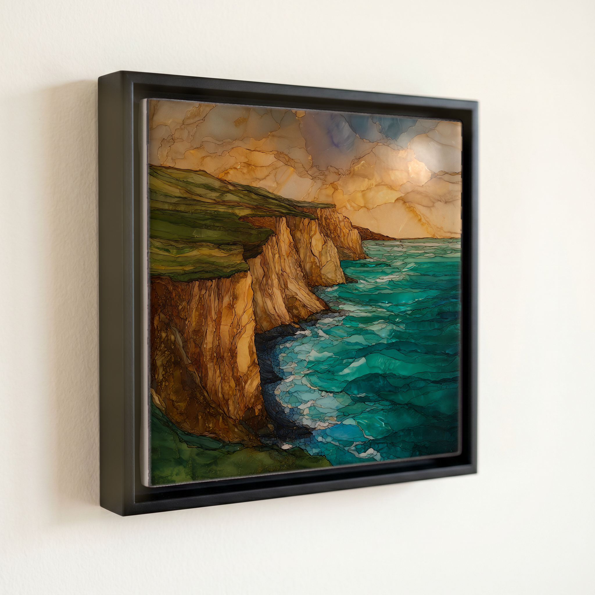 shown in a slim black floating frame · 6 × 6 in