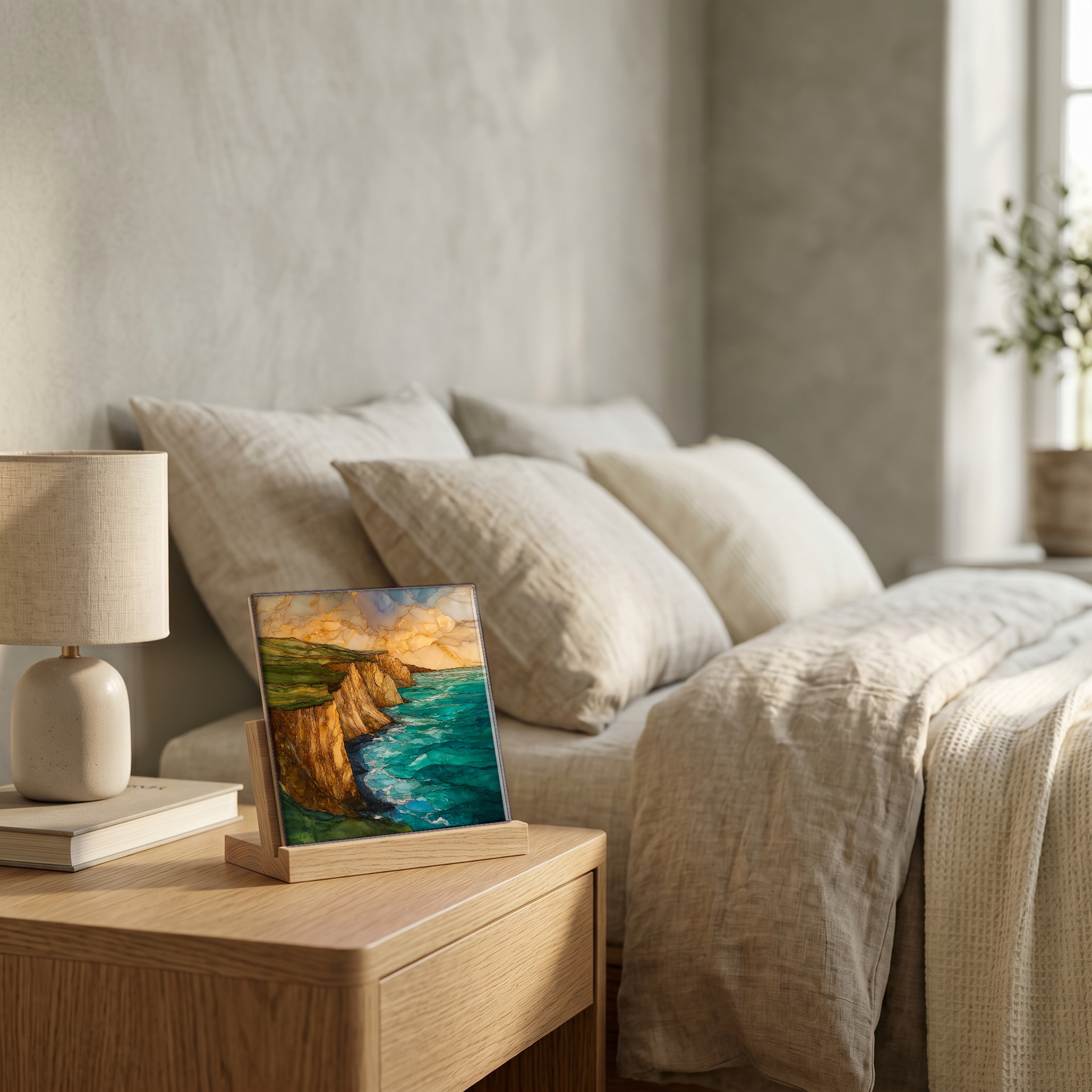 On the nightstand, on a light oak stand.
