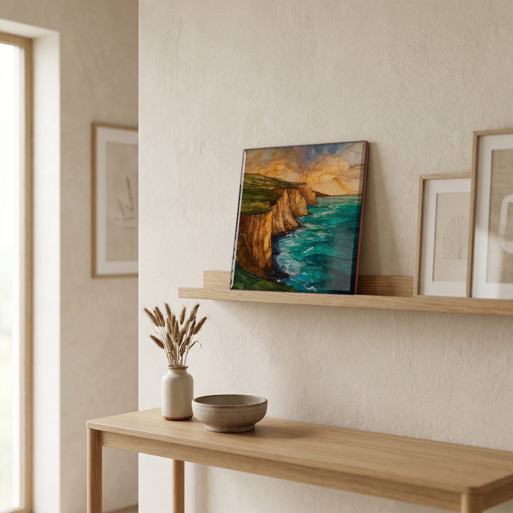 On a picture ledge, where the light comes in.