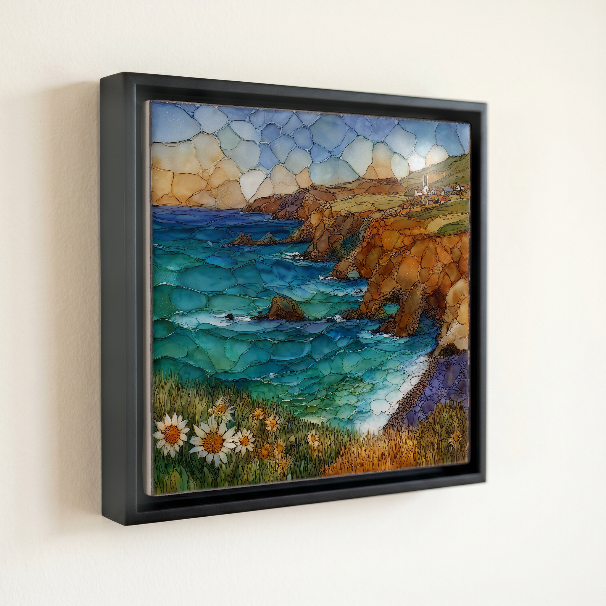 shown in a slim black floating frame · 6 × 6 in