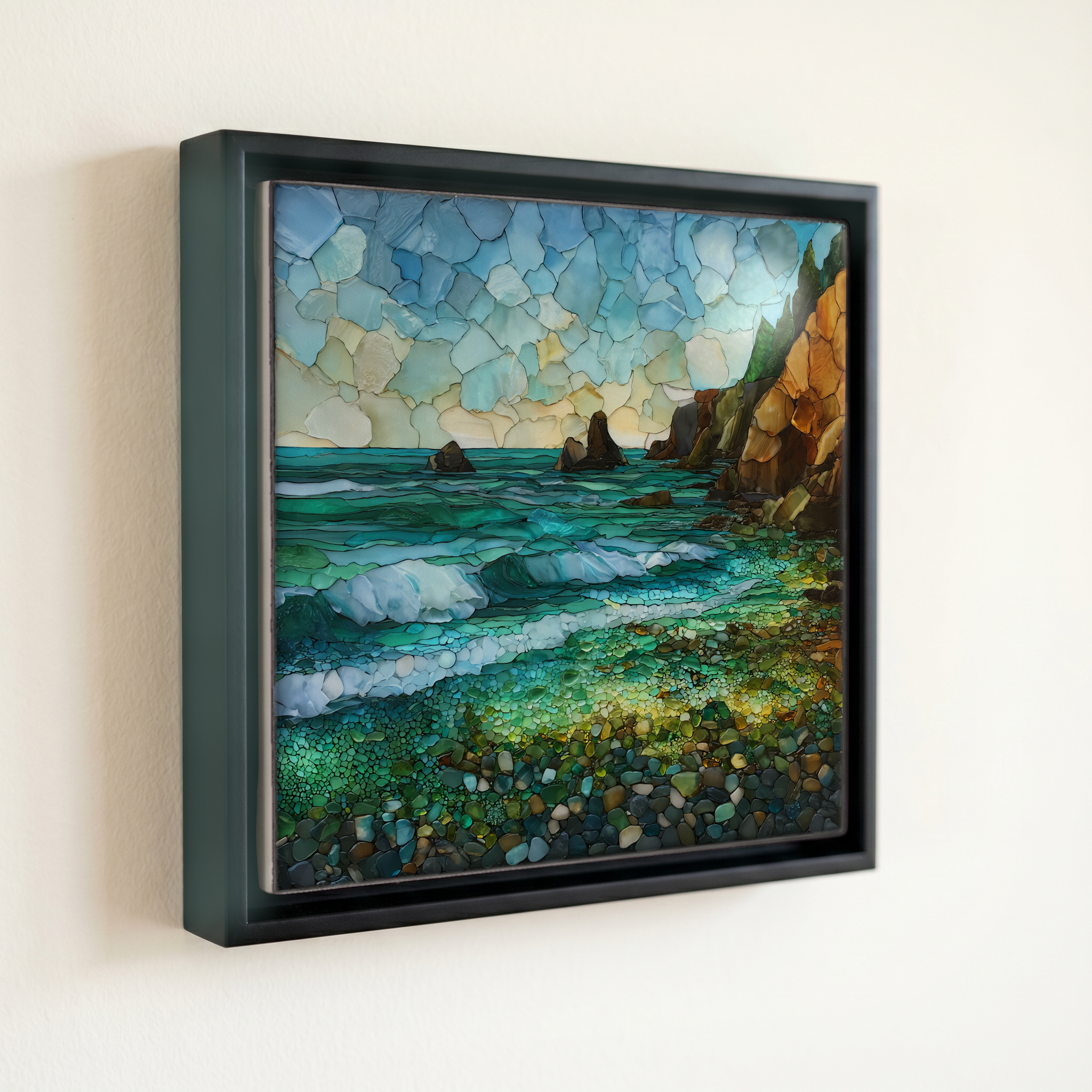 shown in a slim black floating frame · 6 × 6 in