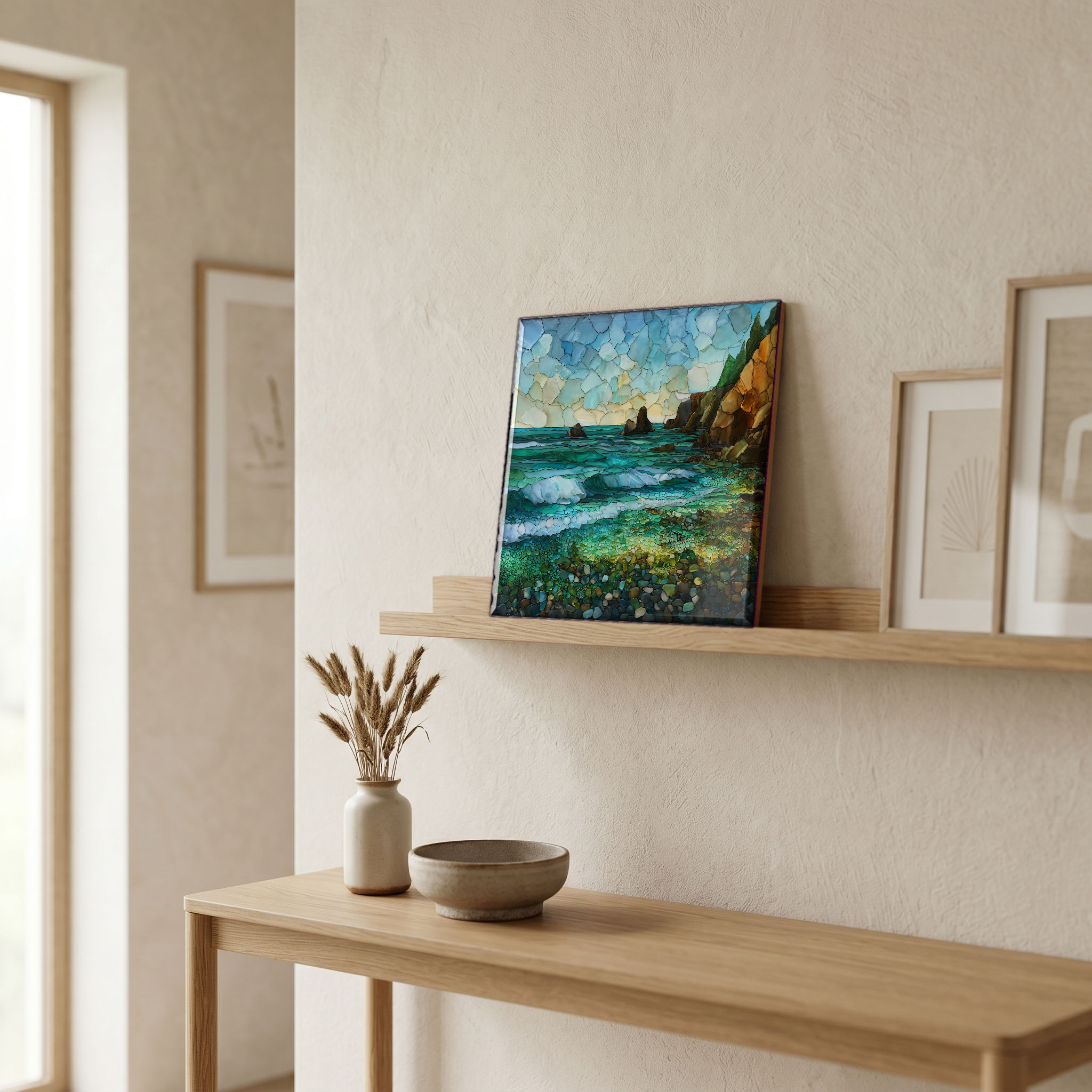 On a picture ledge, where the light comes in.