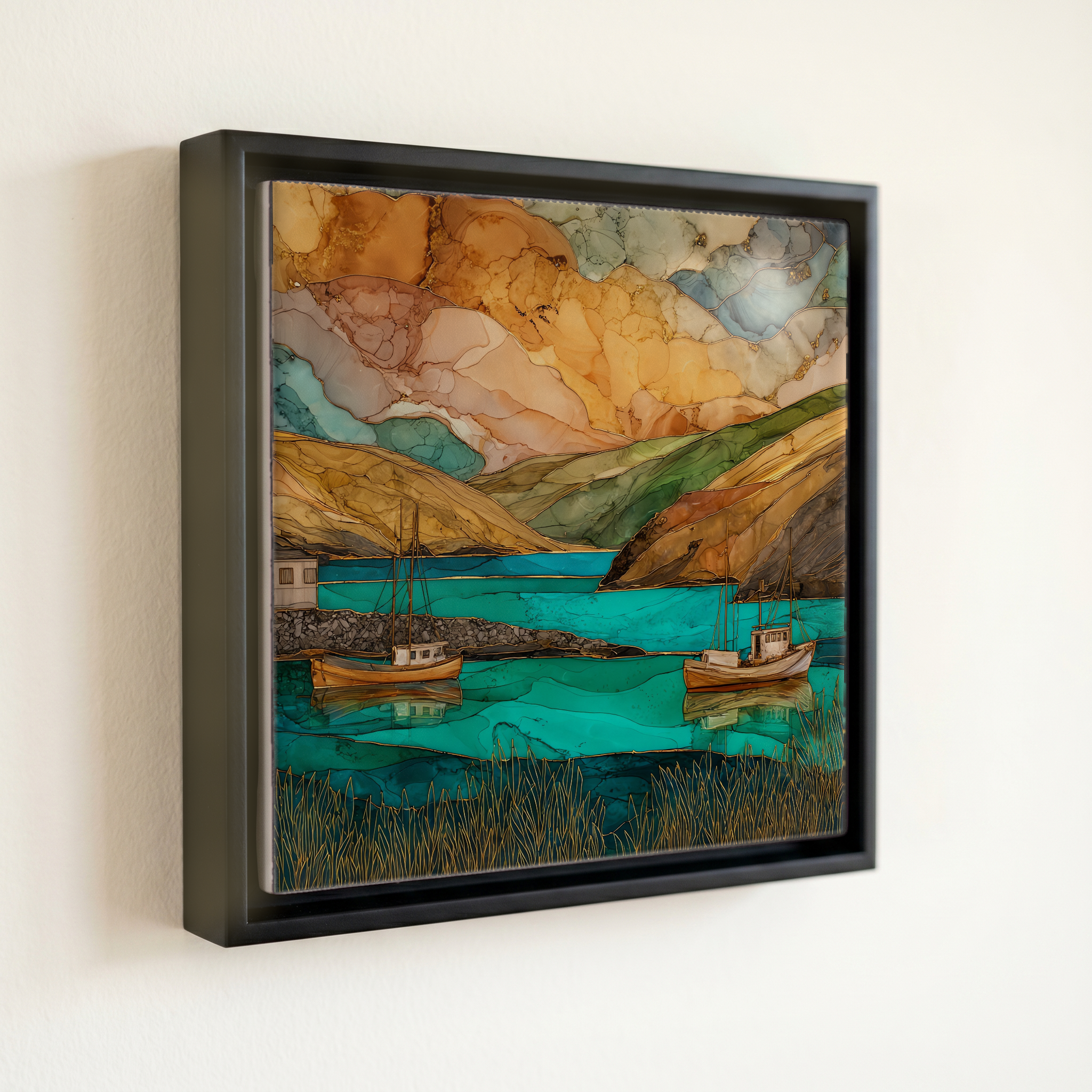 shown in a slim black floating frame · 6 × 6 in