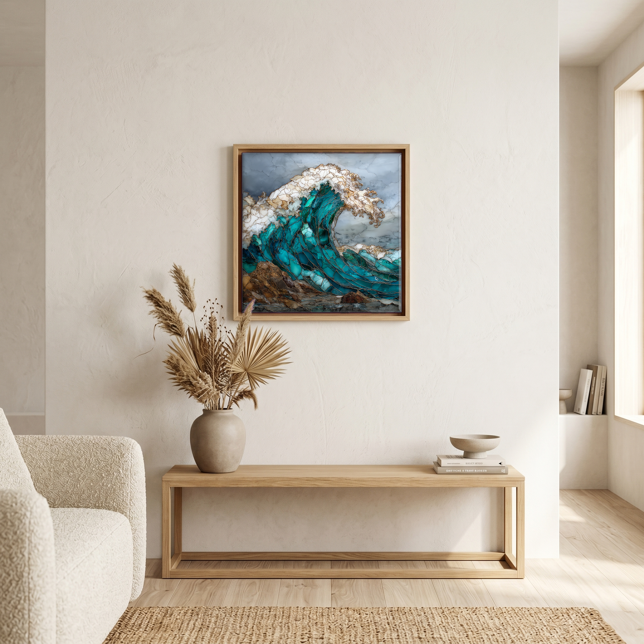 Above the bench, in a warm oak surround.