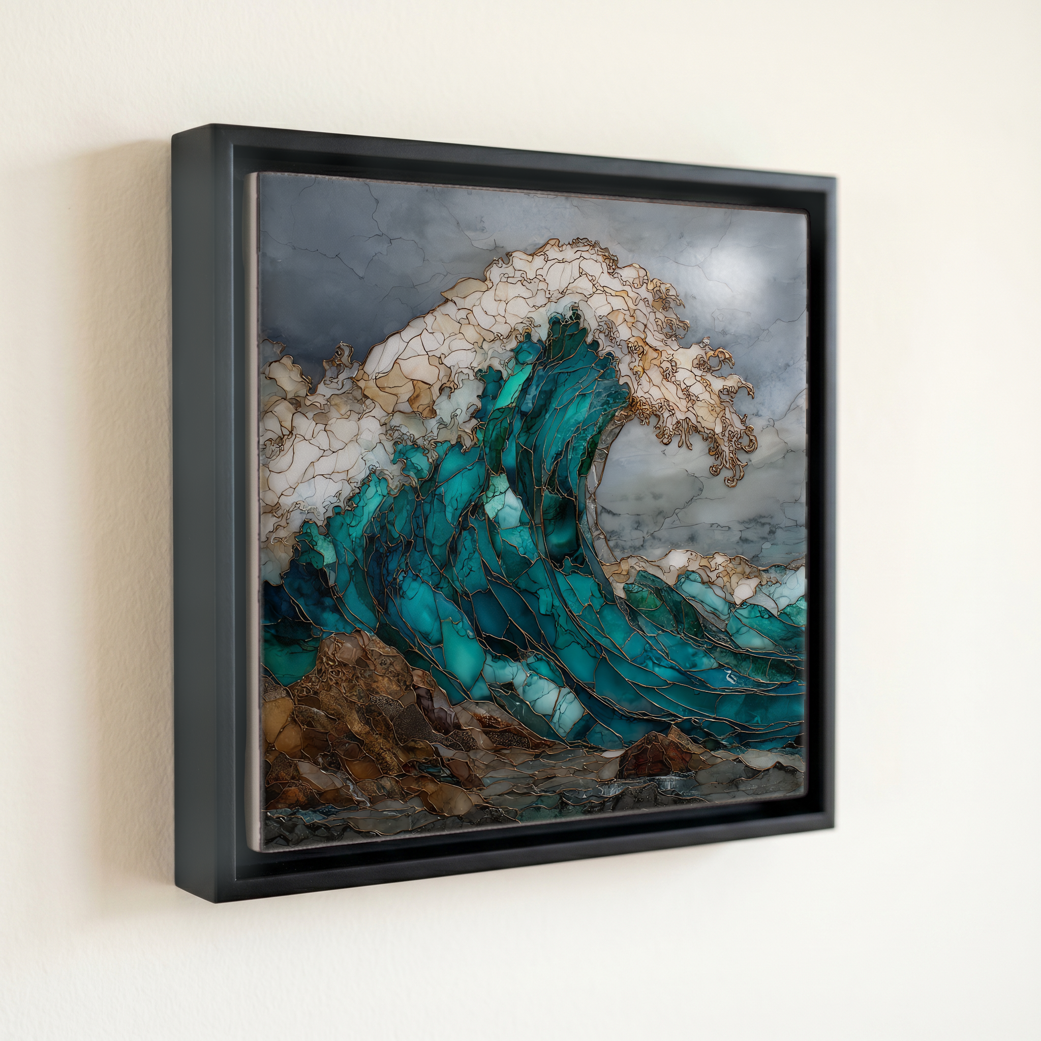 shown in a slim black floating frame · 6 × 6 in