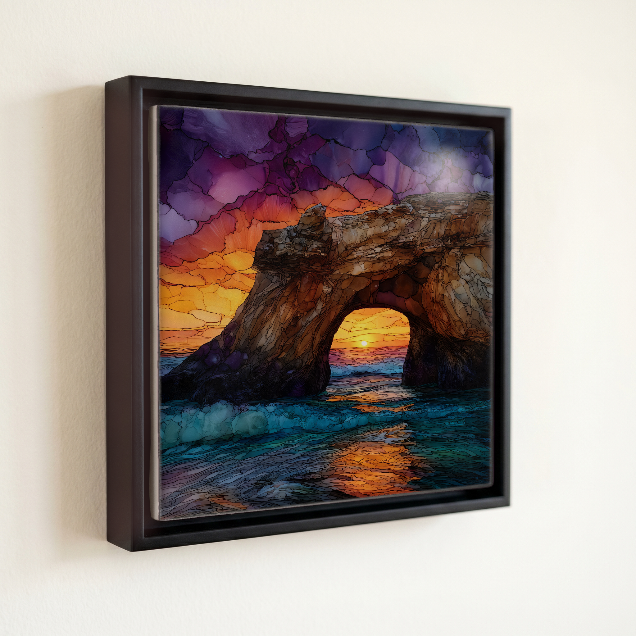 shown in a slim black floating frame · 6 × 6 in