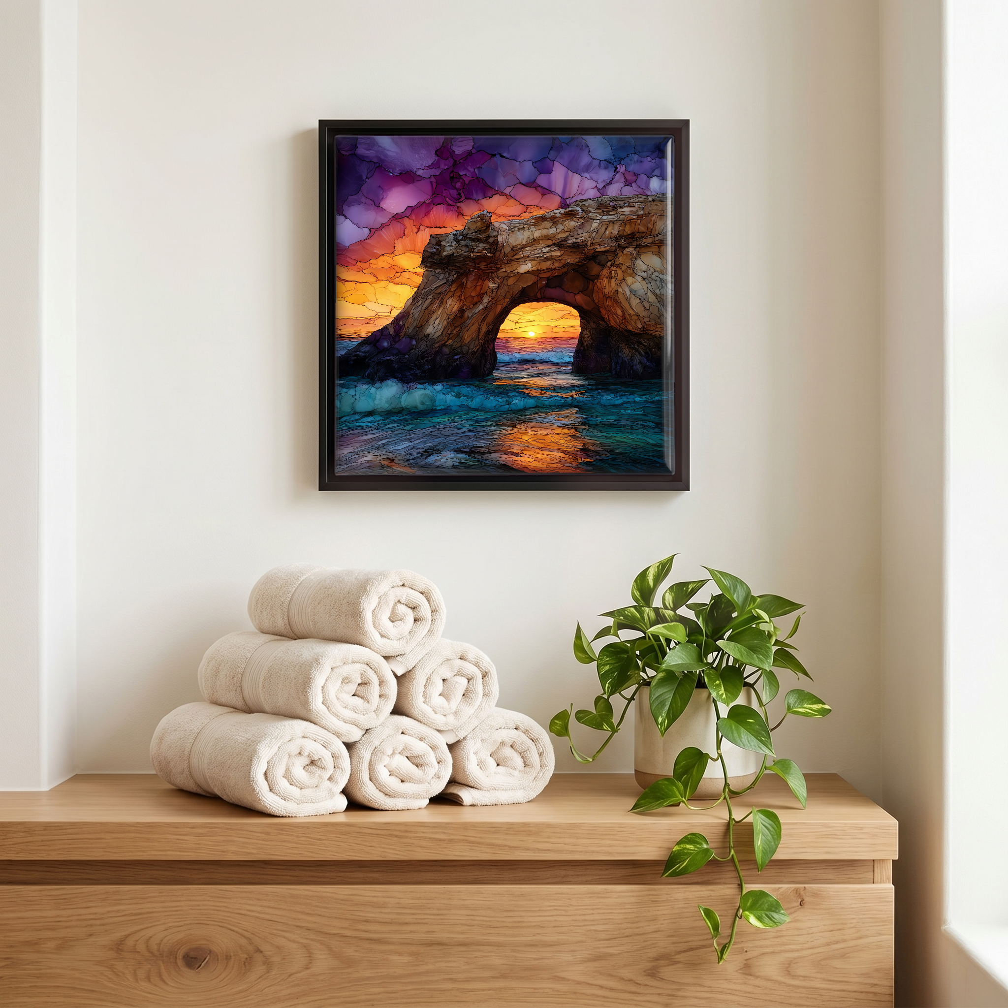 Above the linens, in a slim black surround.