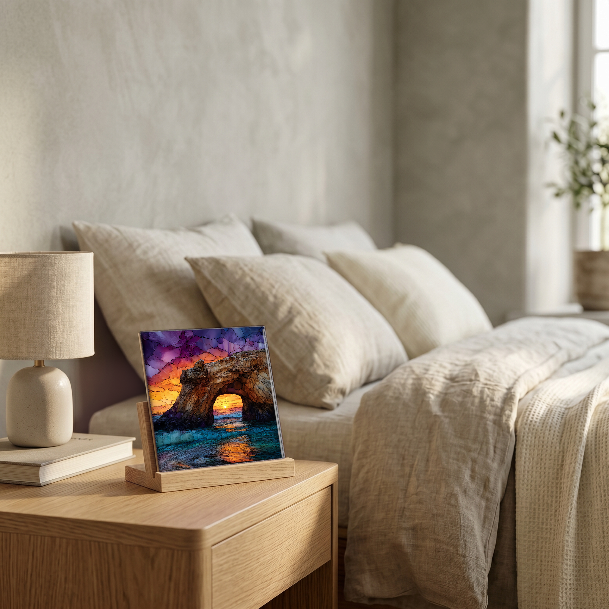 On the nightstand, on a light oak stand.