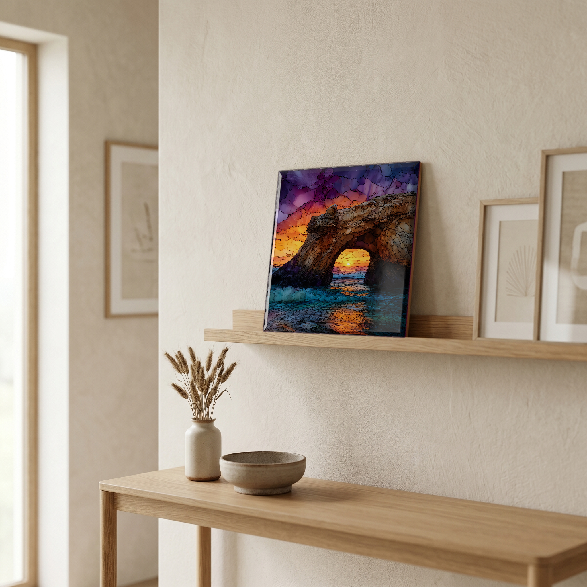 On a picture ledge, where the light comes in.