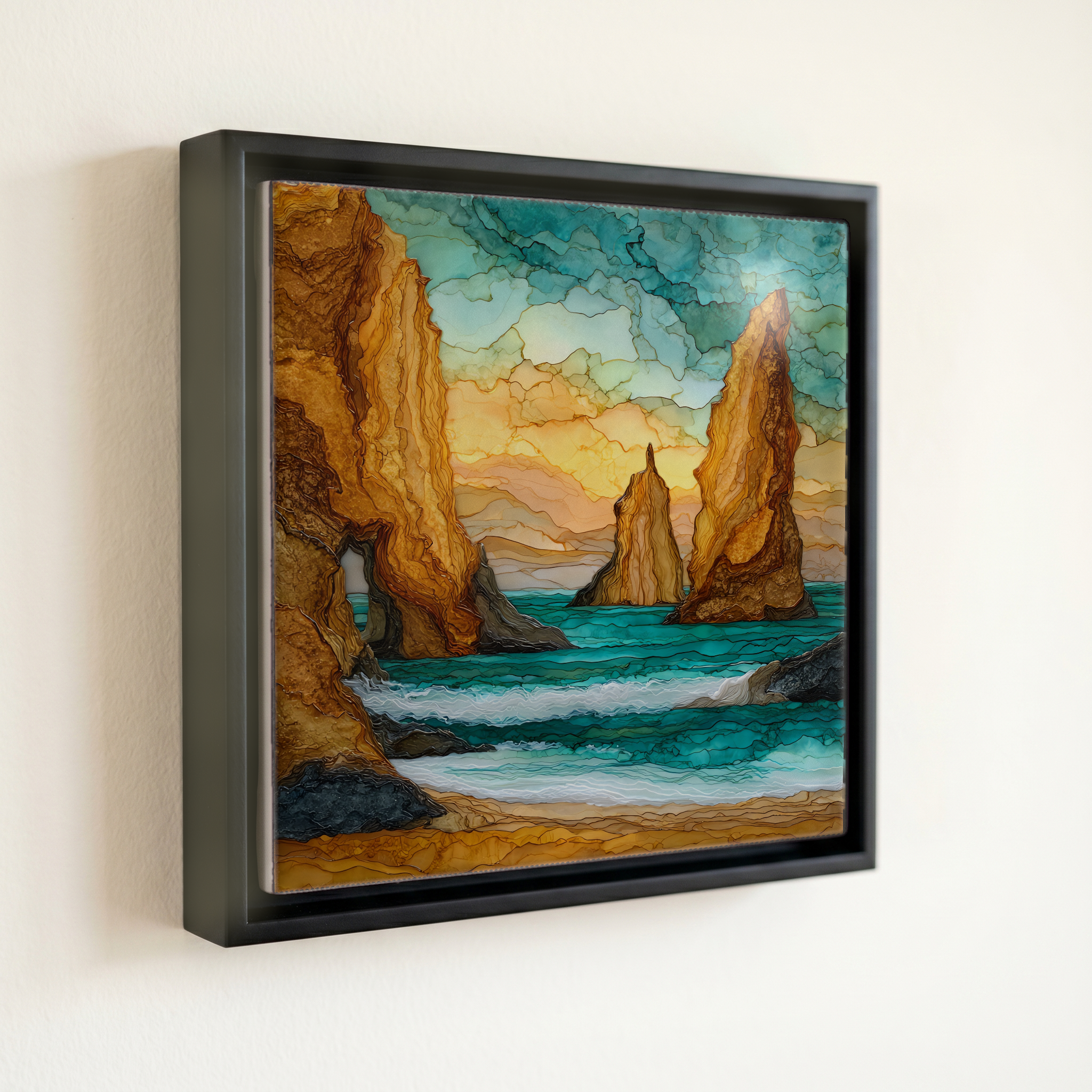 shown in a slim black floating frame · 6 × 6 in