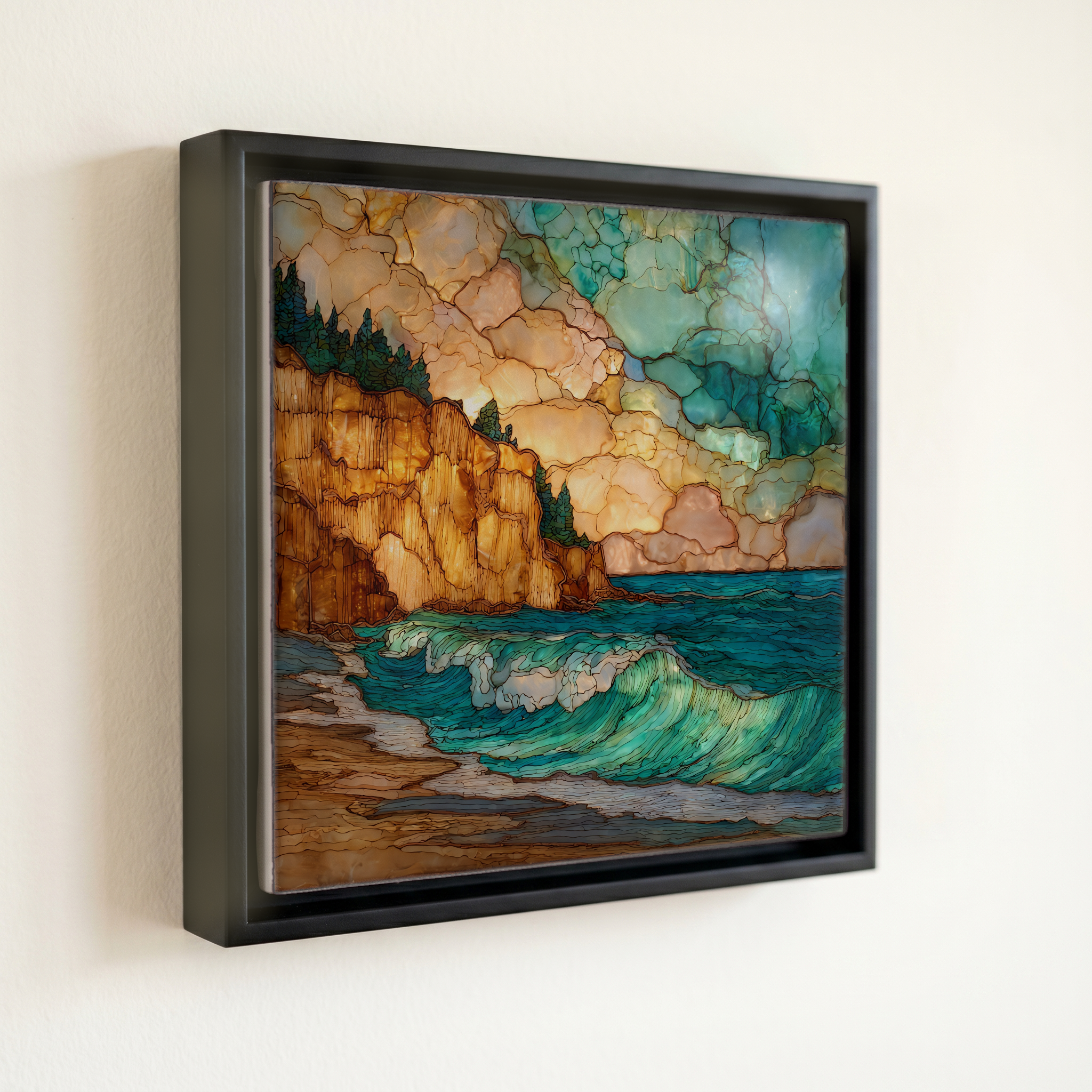 shown in a slim black floating frame · 6 × 6 in